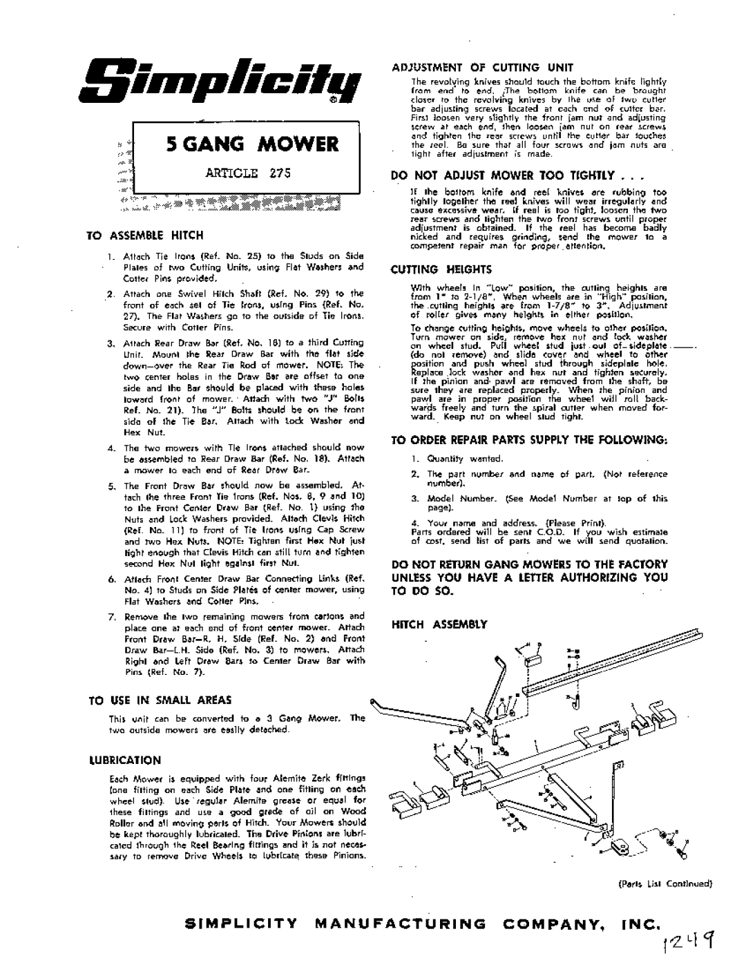 Simplicity 275 manual 