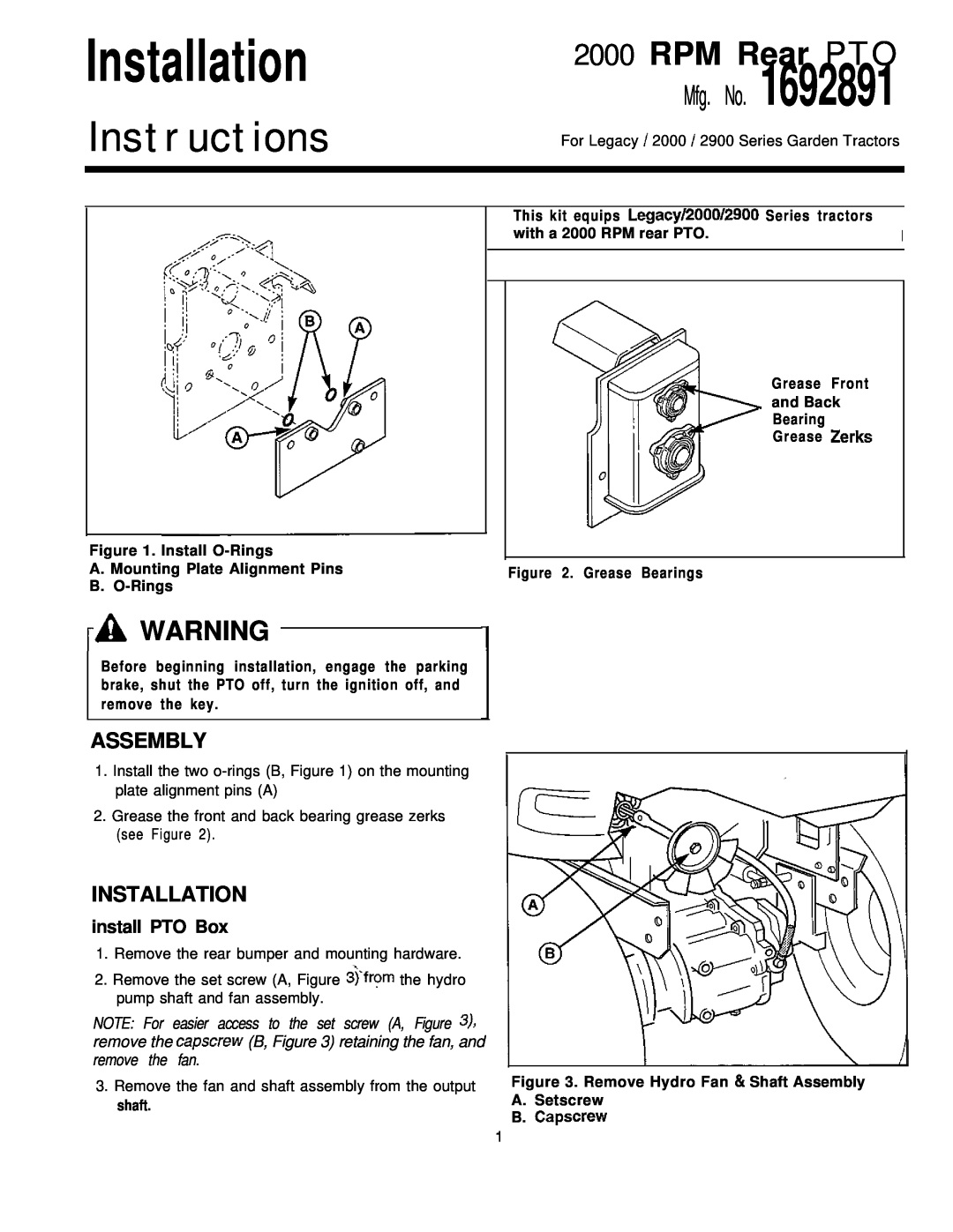 Simplicity 2000 Series installation instructions A Warning, Assembly, Installation, with a 2000 RPM rear PTO, B. O-Rings 