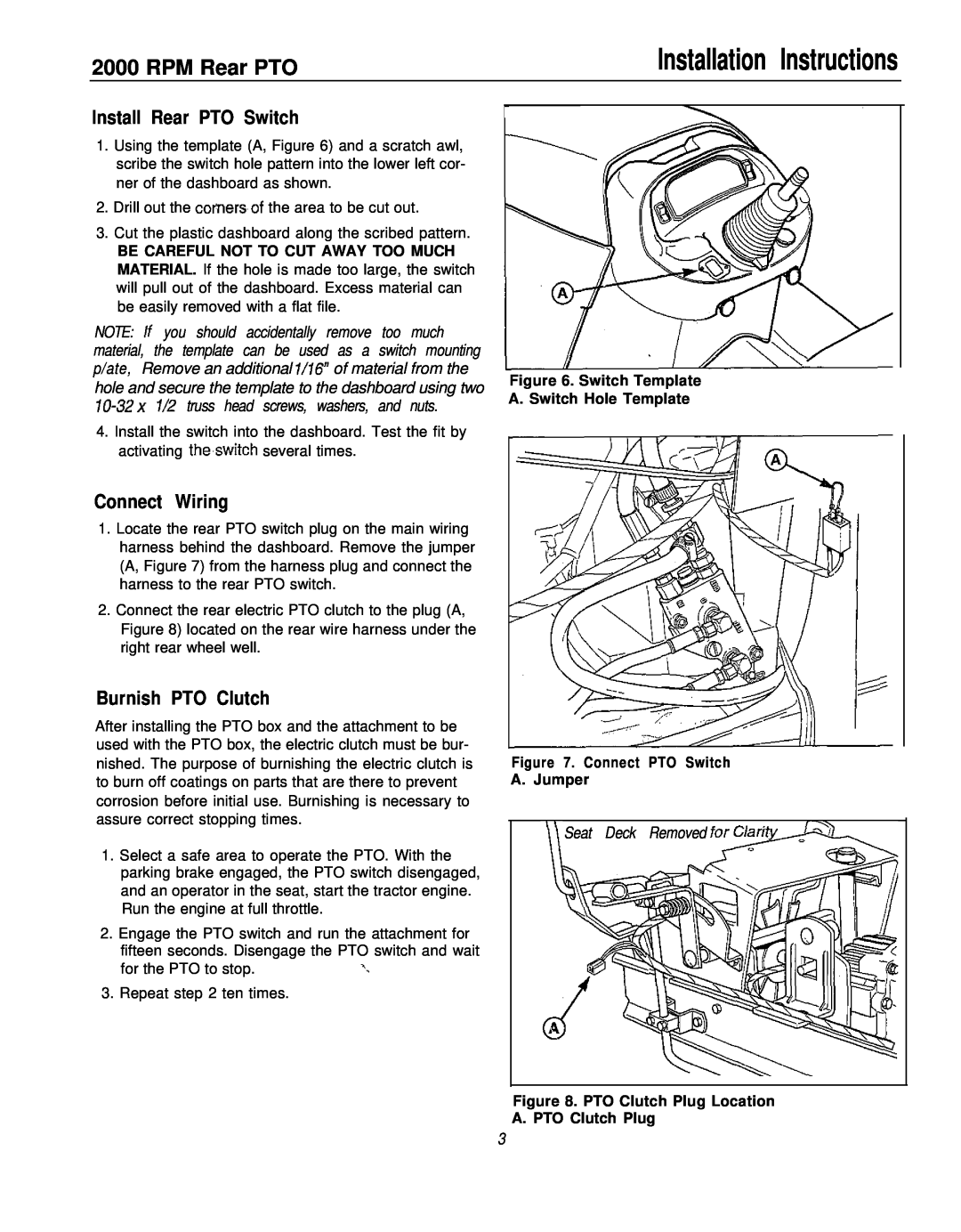 Simplicity 2000 Series Installation Instructions, Seat Deck Removed, Switch Template A. Switch Hole Template, RPM Rear PTO 