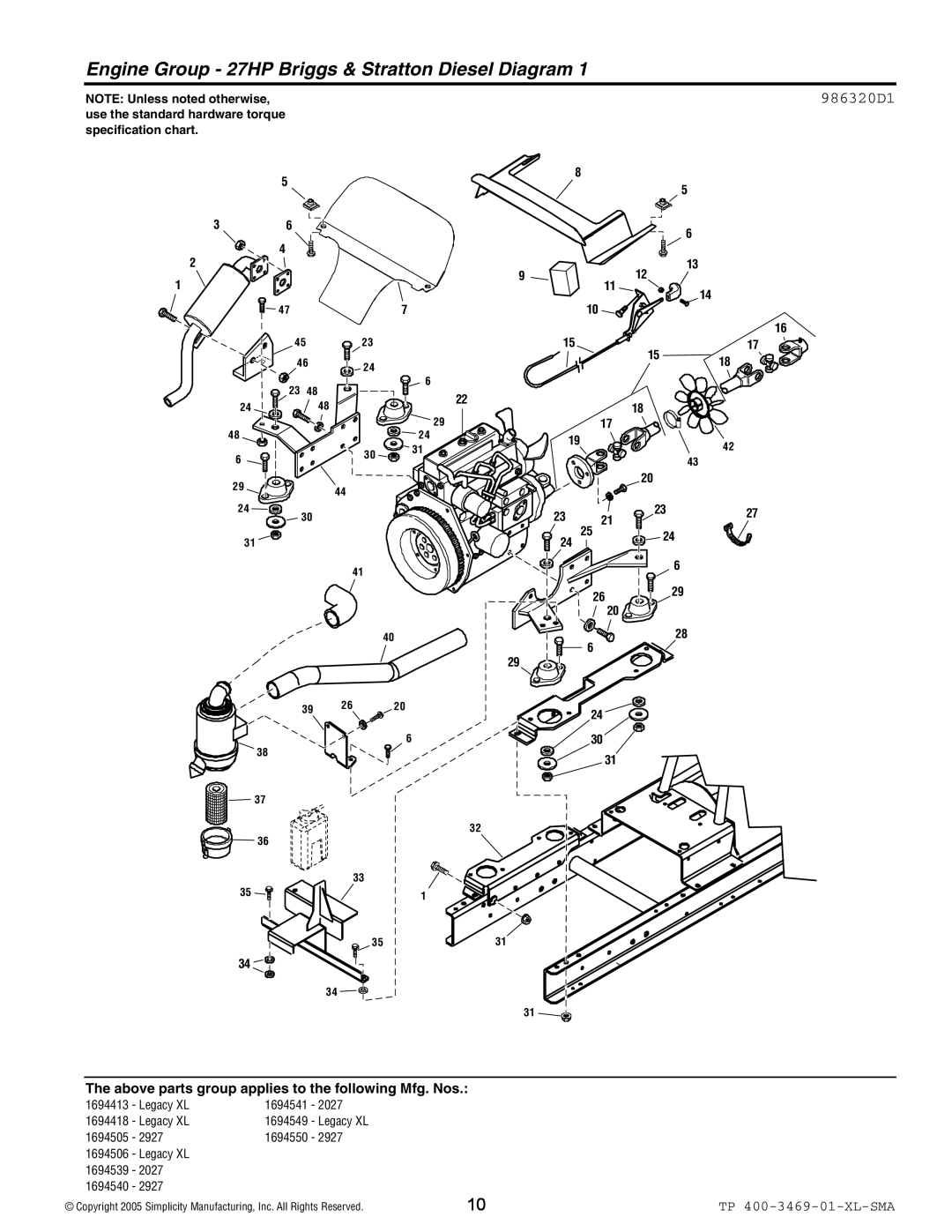 Simplicity 2927, 2027 manual Engine Group 27HP Briggs & Stratton Diesel Diagram, 986320D1 