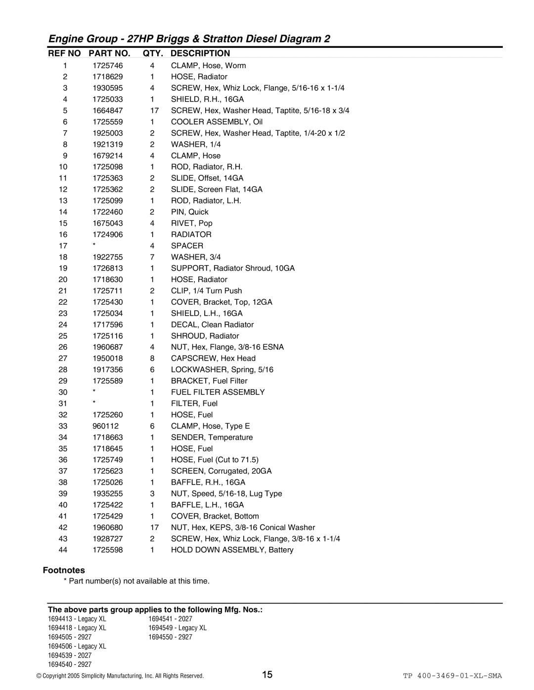 Simplicity 2027 SHIELD, R.H., 16GA, WASHER, 1/4, Radiator, Spacer, WASHER, 3/4, SHIELD, L.H., 16GA, Fuel Filter Assembly 