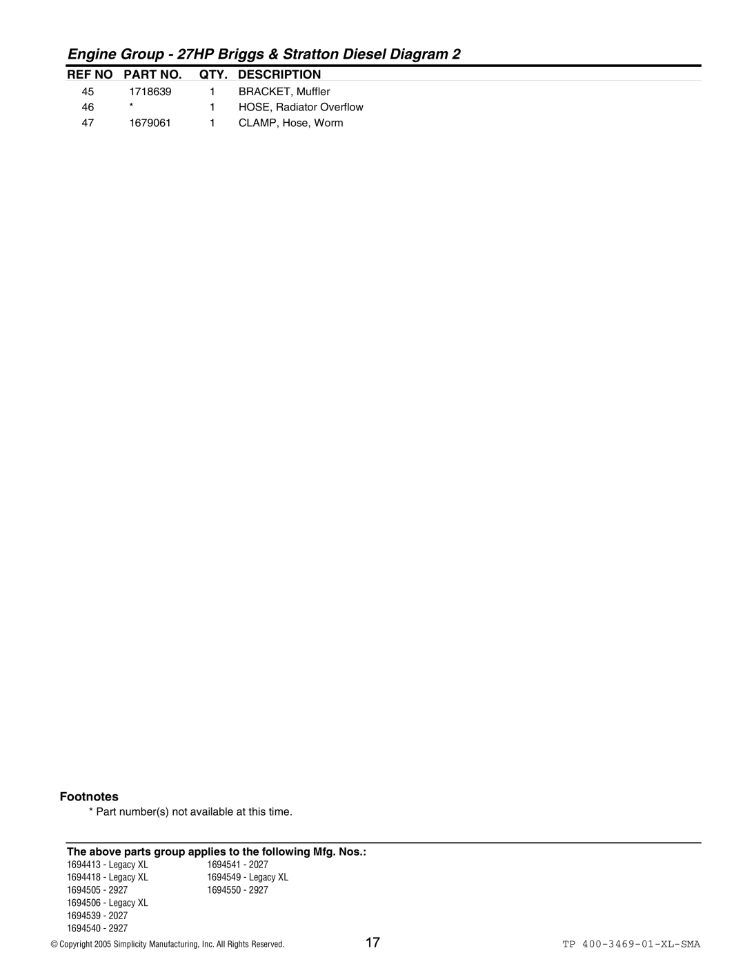 Simplicity 2027, 2927 manual Engine Group 27HP Briggs & Stratton Diesel Diagram 