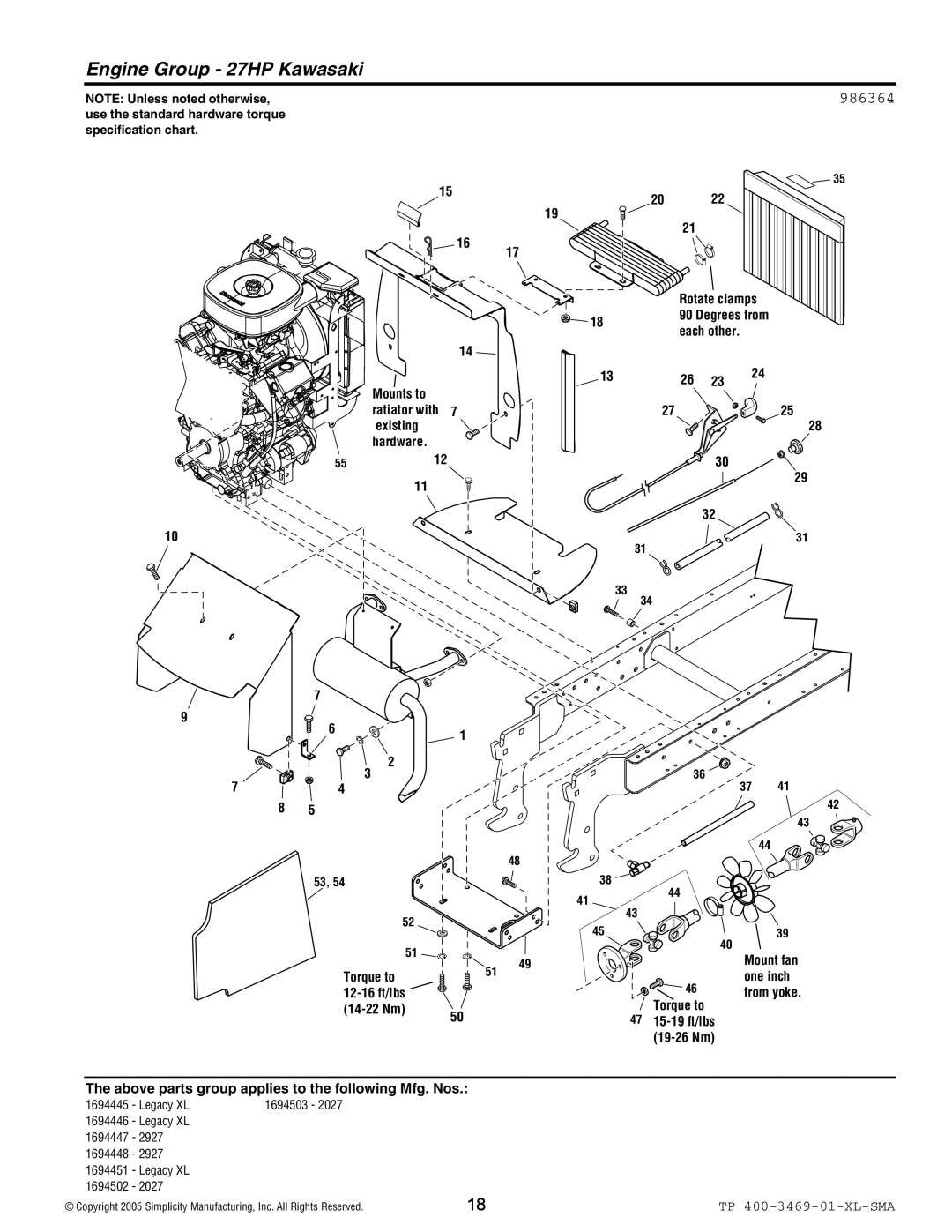 Simplicity 2927, 2027 manual Engine Group 27HP Kawasaki, 986364 