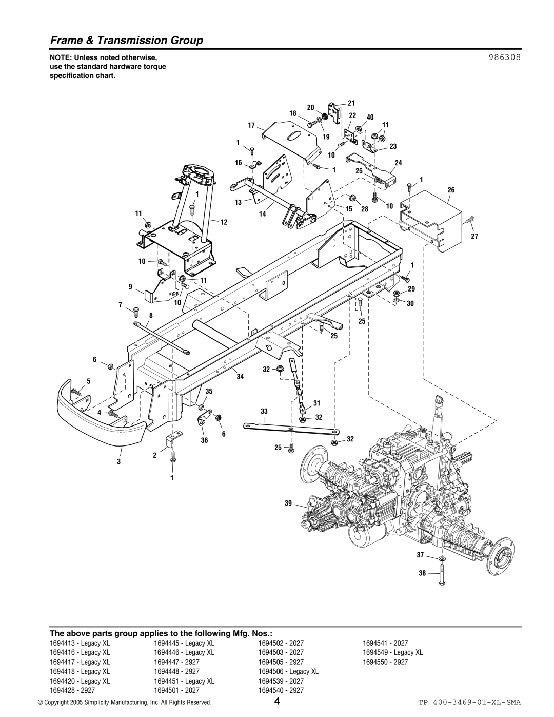 Simplicity 2927, 2027 manual Frame & Transmission Group, 986308 