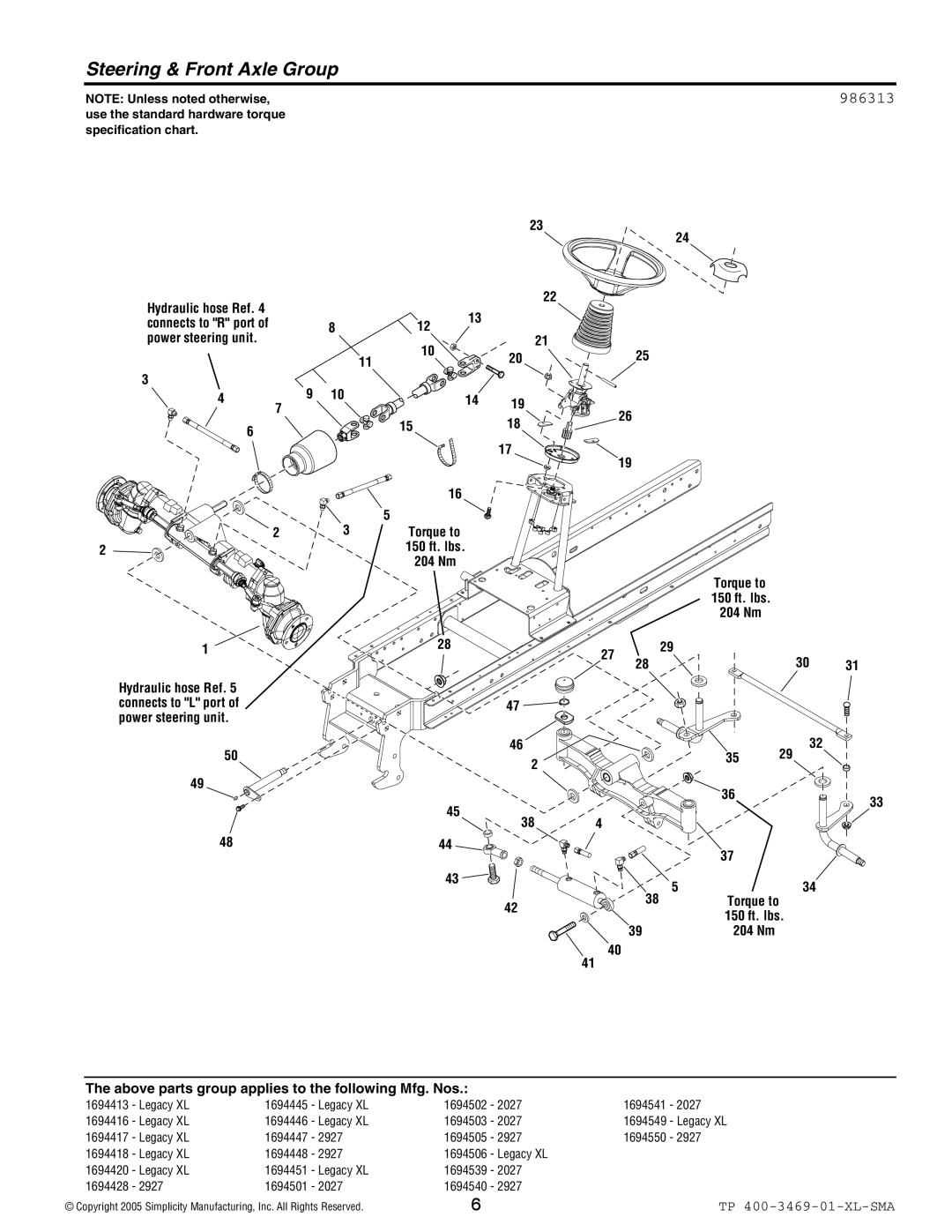 Simplicity 2927, 2027 manual Steering & Front Axle Group, 986313 