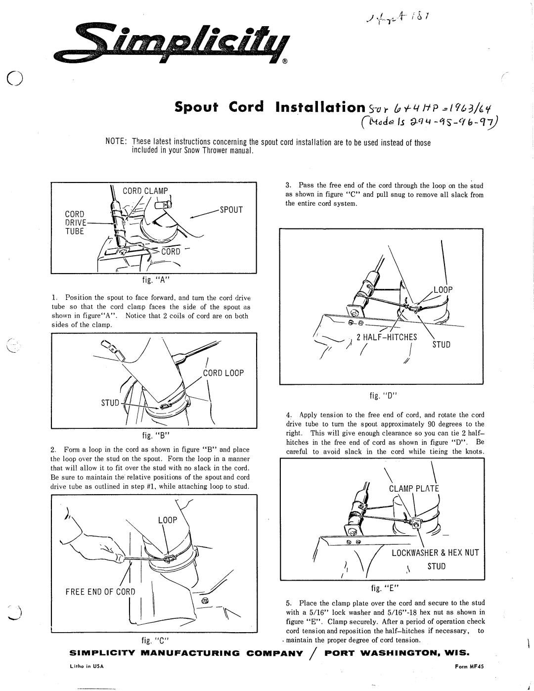 Simplicity 297, 296, 294, 295 manual 