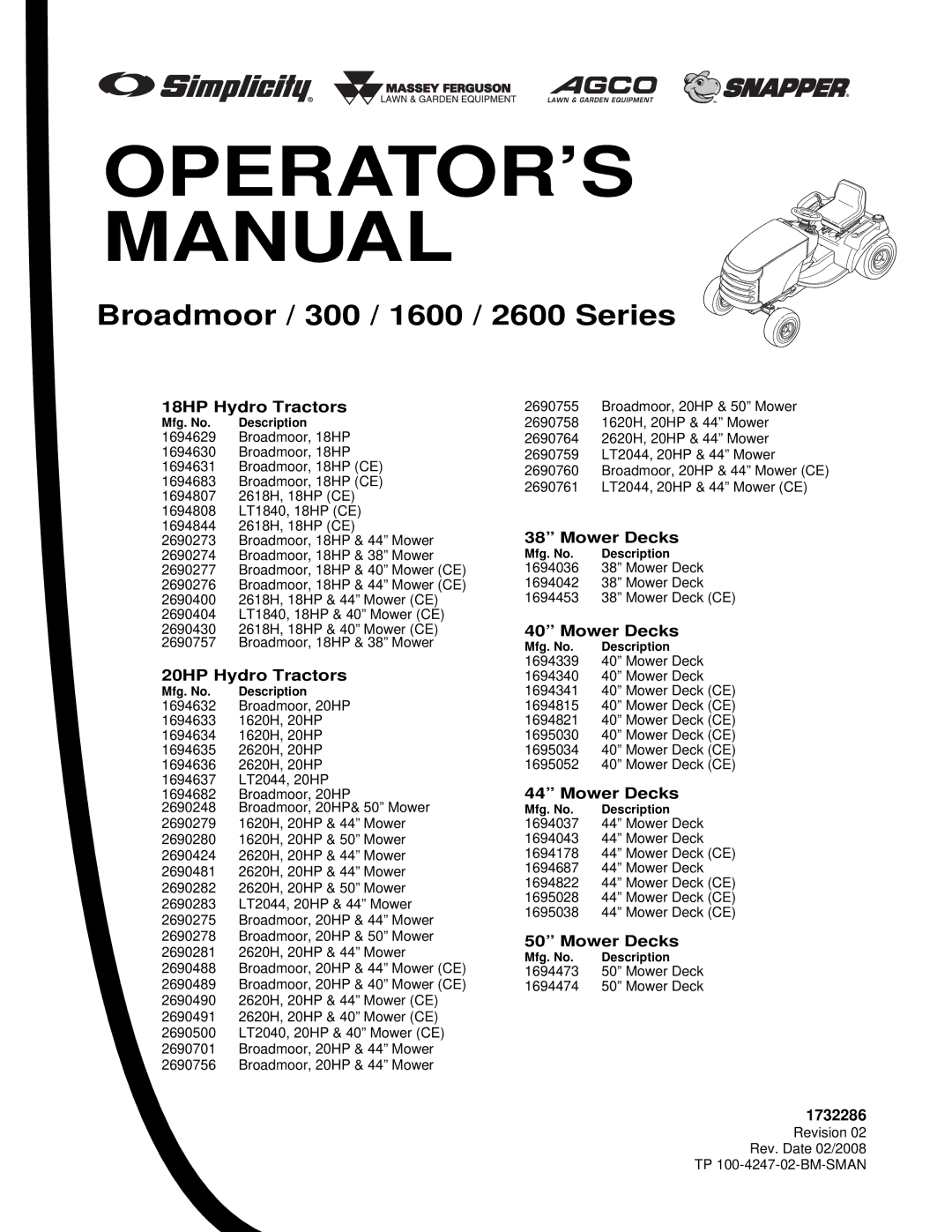 Simplicity 300 Series manual 18HP Hydro Tractors, 20HP Hydro Tractors, Mower Decks, 1732286 