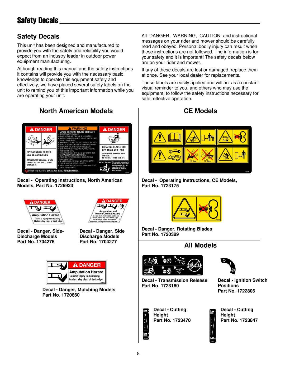 Simplicity 300 Series manual Safety Decals, North American Models, All Models 