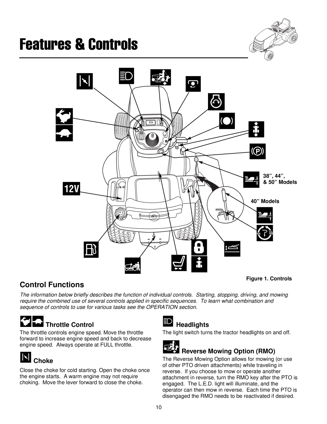 Simplicity 300 Series manual Control Functions, Throttle Control, Choke, Headlights, Reverse Mowing Option RMO 