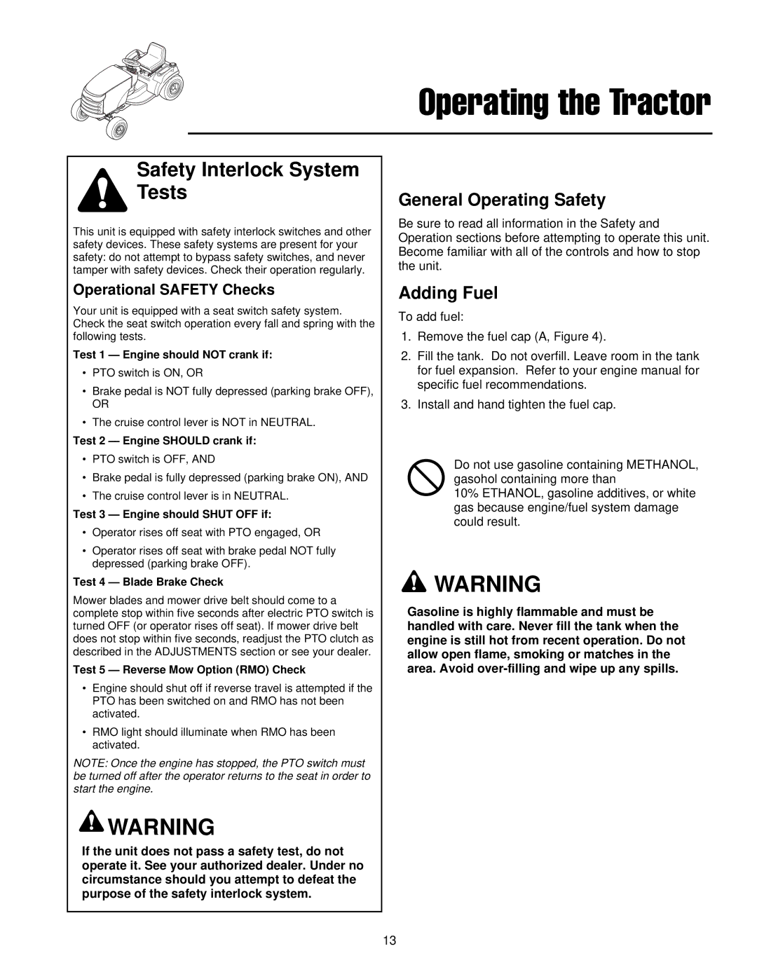 Simplicity 300 Series manual General Operating Safety, Adding Fuel, Operational Safety Checks 