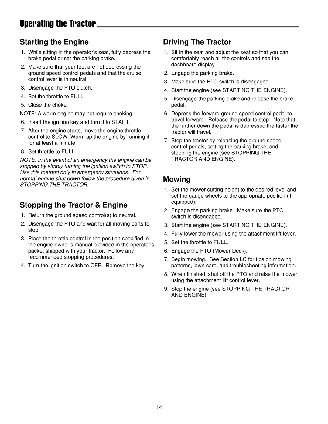 Simplicity 300 Series manual Operating the Tractor, Starting the Engine, Stopping the Tractor & Engine, Driving The Tractor 