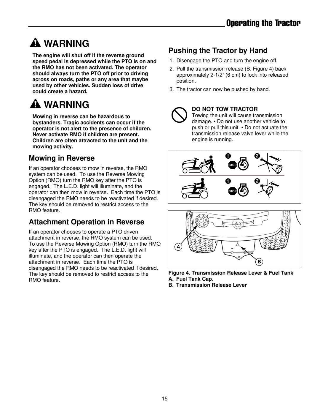 Simplicity 300 Series manual Pushing the Tractor by Hand, Mowing in Reverse, Attachment Operation in Reverse 