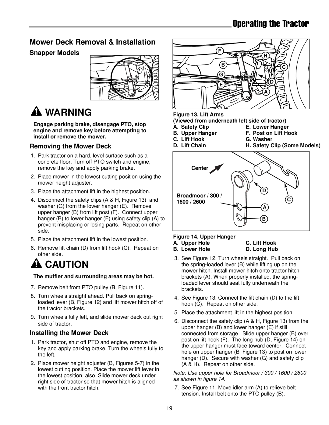 Simplicity 300 Series manual Snapper Models, Upper Hanger Upper Hole Lift Hook Lower Hole Long Hub 