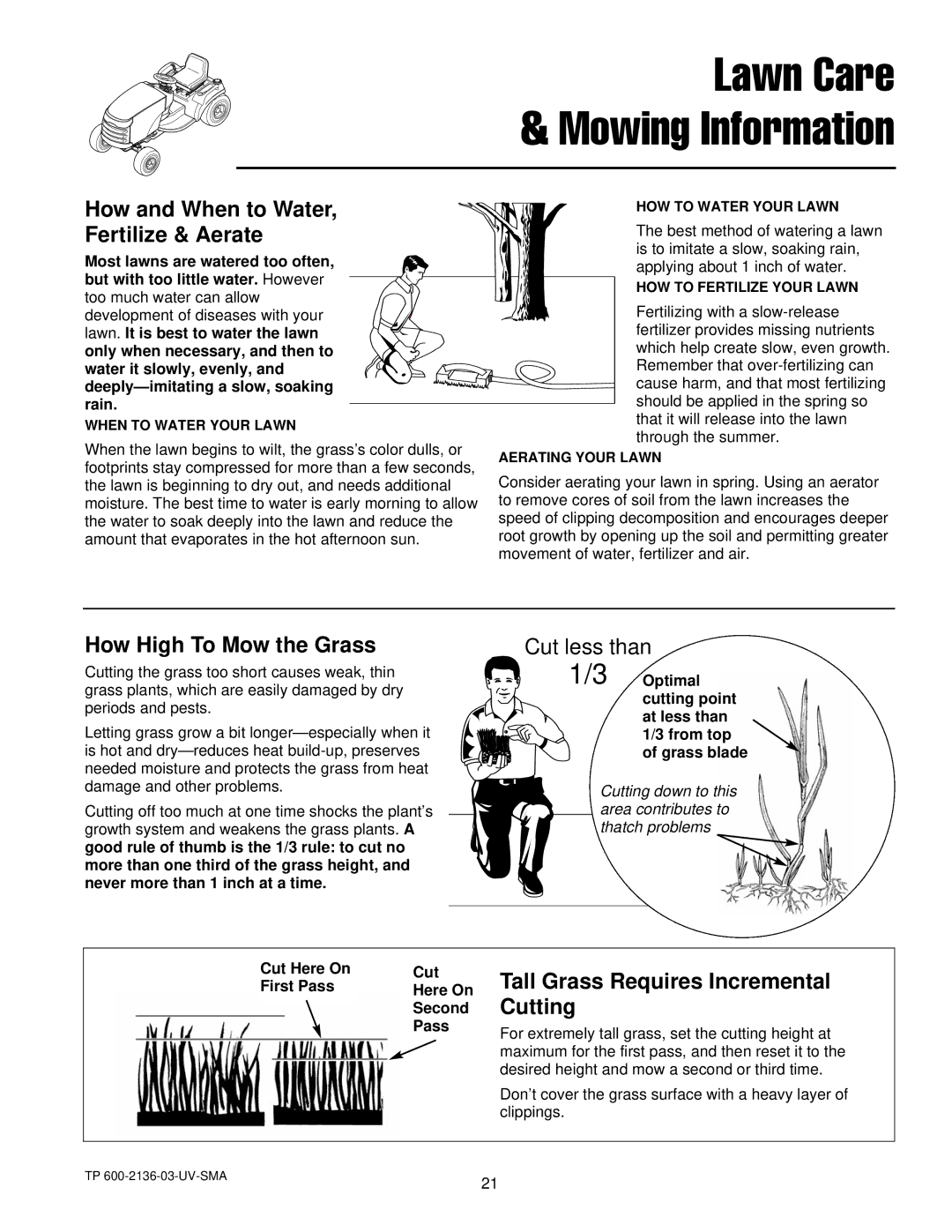 Simplicity 300 Series manual How and When to Water, Fertilize & Aerate, How High To Mow the Grass 