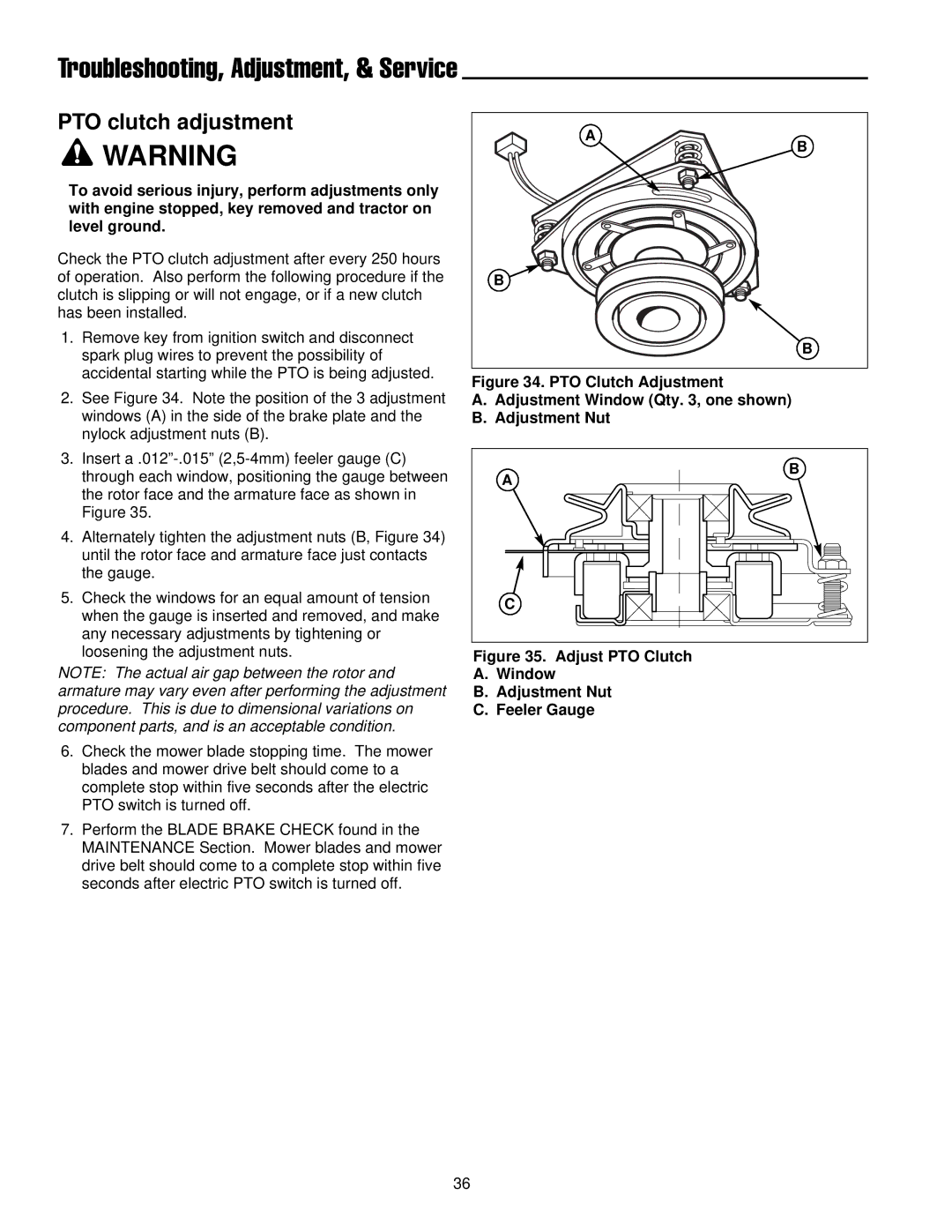 Simplicity 300 Series manual PTO clutch adjustment, Adjust PTO Clutch Window Adjustment Nut Feeler Gauge 