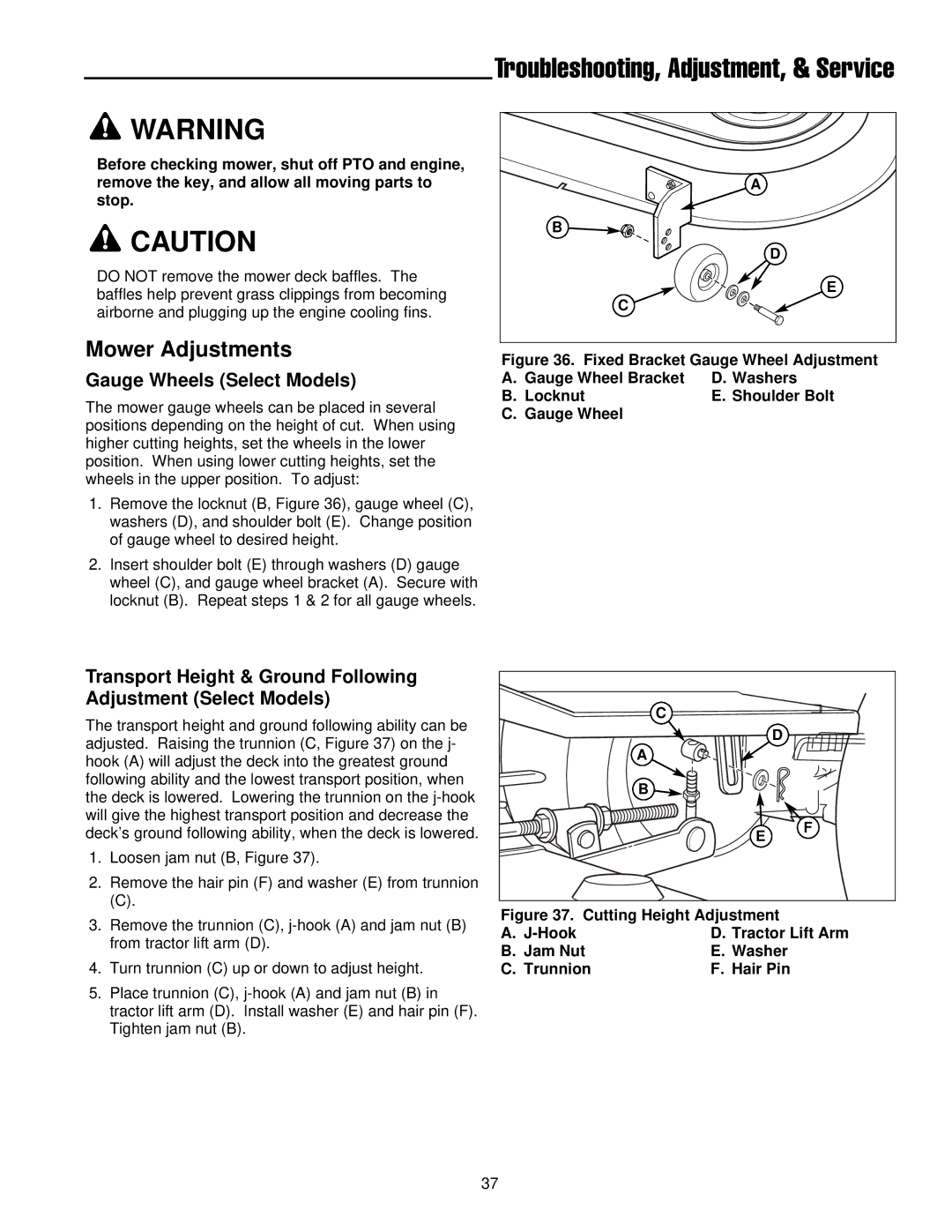 Simplicity 300 Series manual Mower Adjustments, Gauge Wheels Select Models, Hook Tractor Lift Arm, Jam Nut Washer 