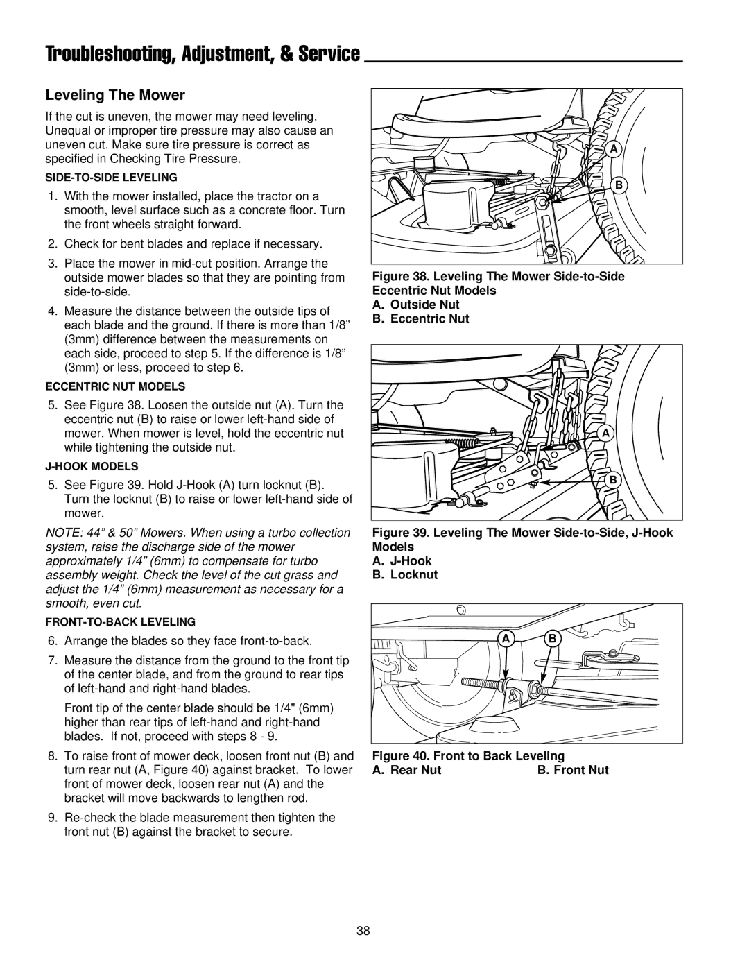 Simplicity 300 Series manual Leveling The Mower Side-to-Side, J-Hook Models Locknut 