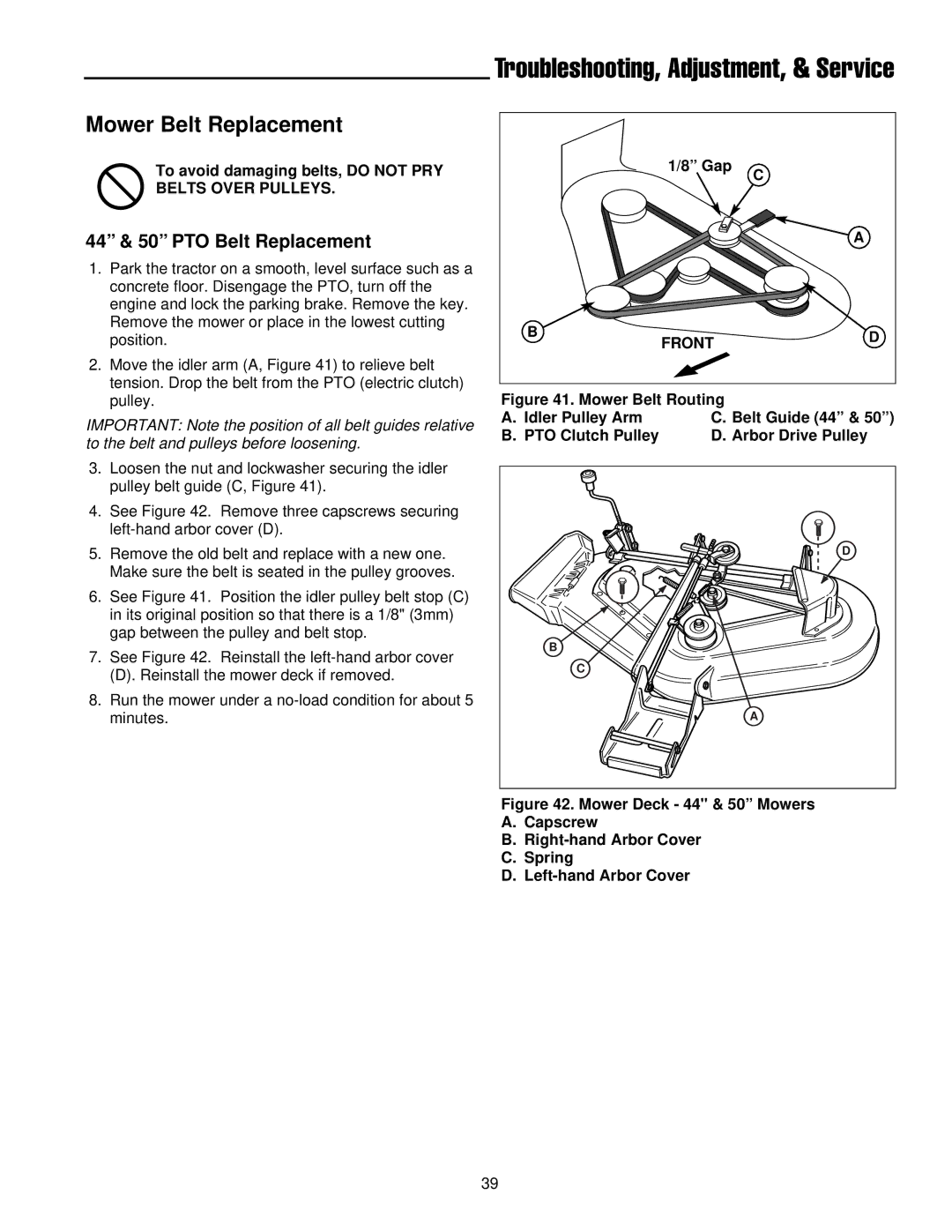 Simplicity 300 Series manual Mower Belt Replacement, 44 & 50 PTO Belt Replacement, To avoid damaging belts, do not PRY, Gap 