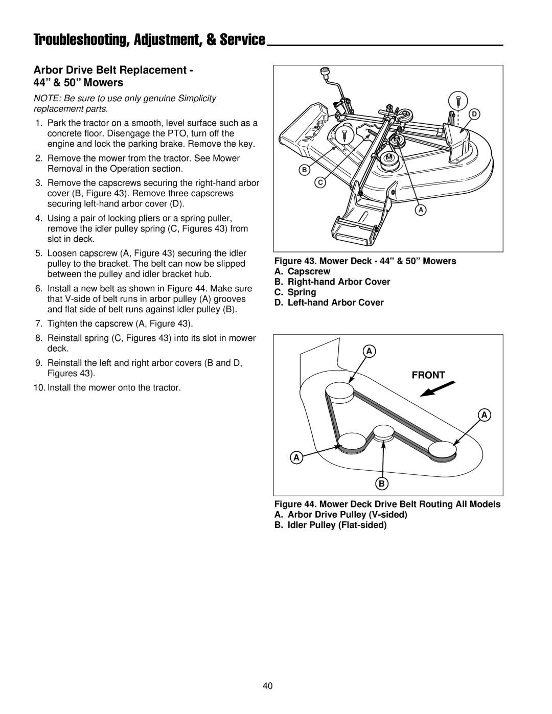 Simplicity 300 Series manual Arbor Drive Belt Replacement 44 & 50 Mowers 