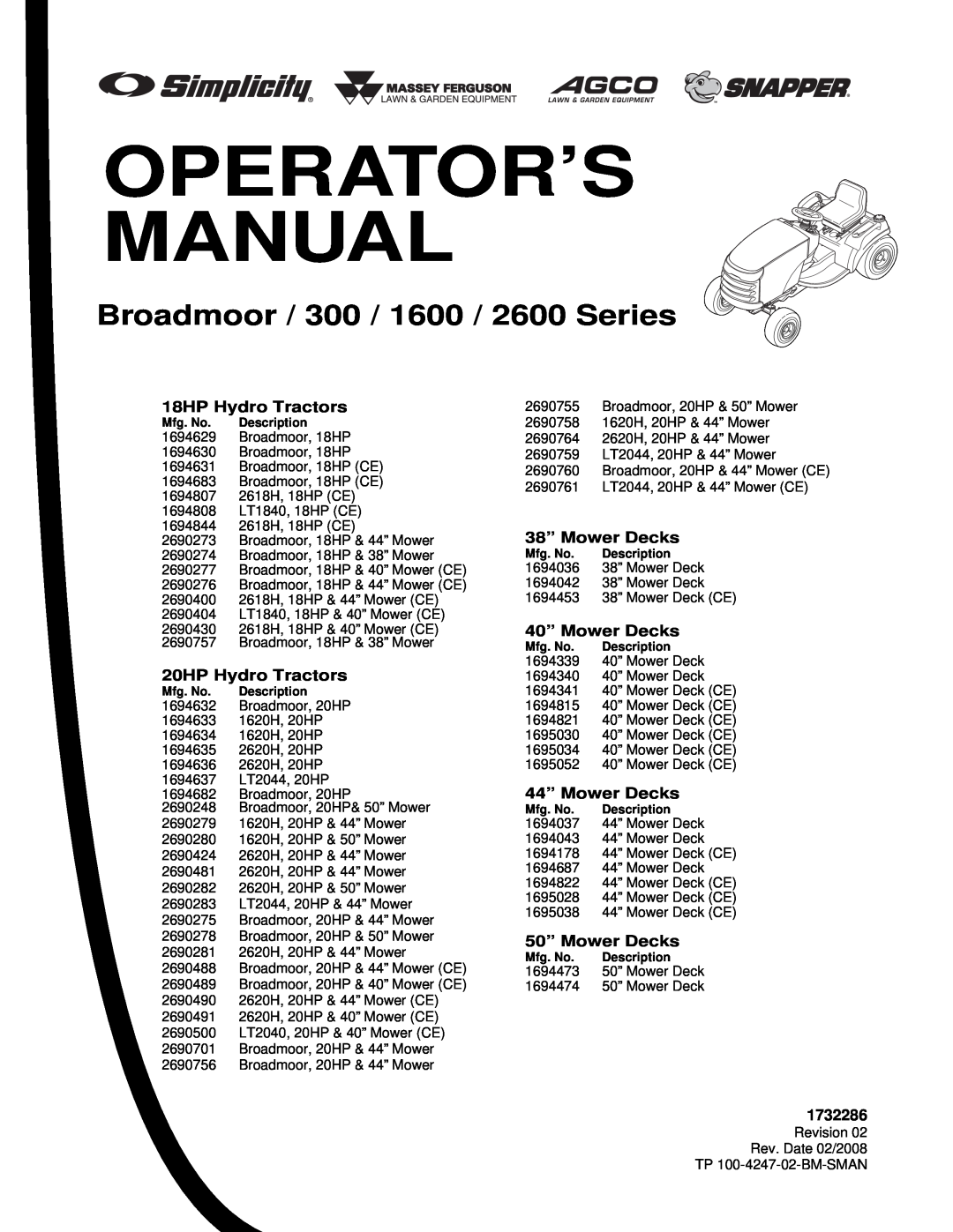 Simplicity 300 Series manual Broadmoor / 300 / 1600 / 2600 Series, Operator’S Manual 