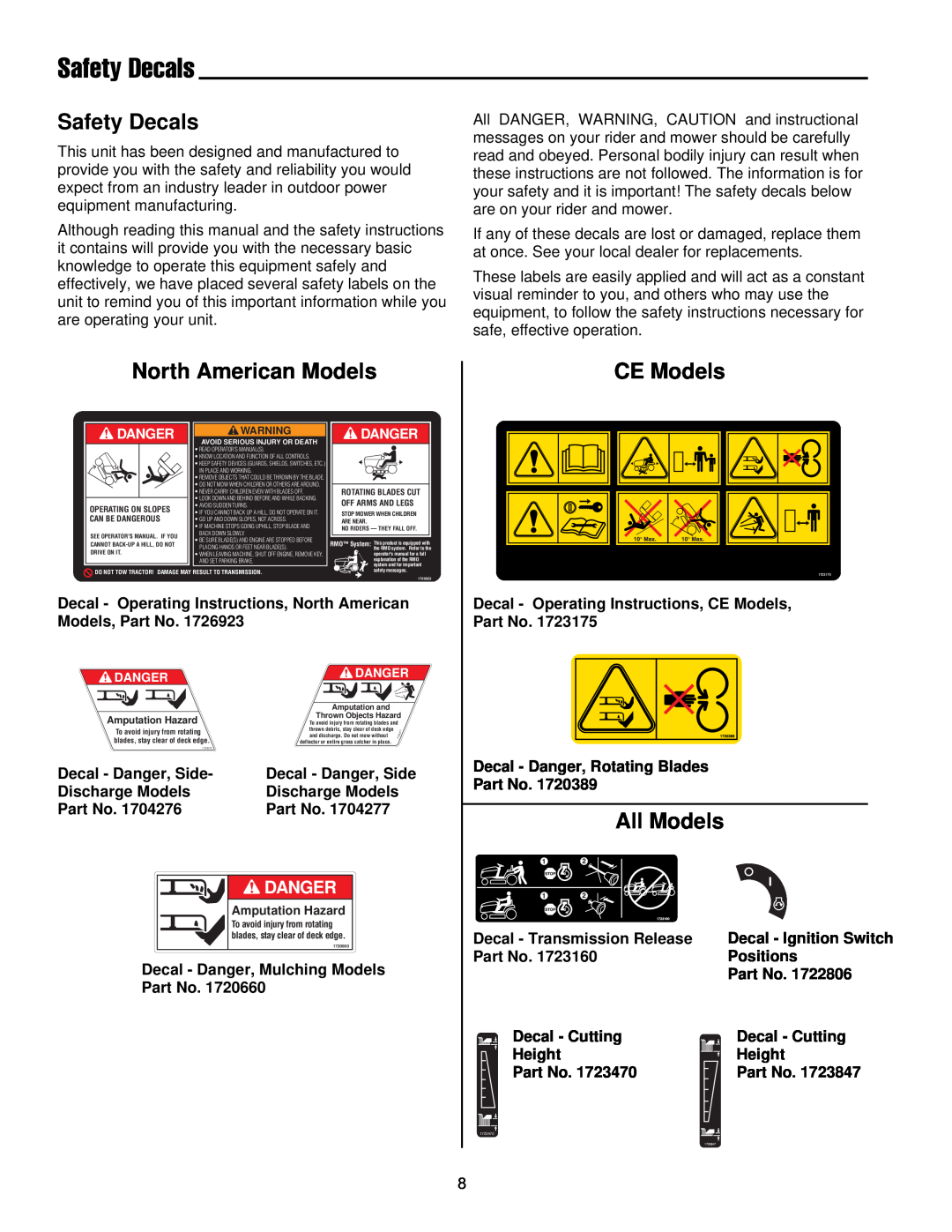 Simplicity 300 Series manual Safety Decals, North American Models, All Models, CE Models, Danger 