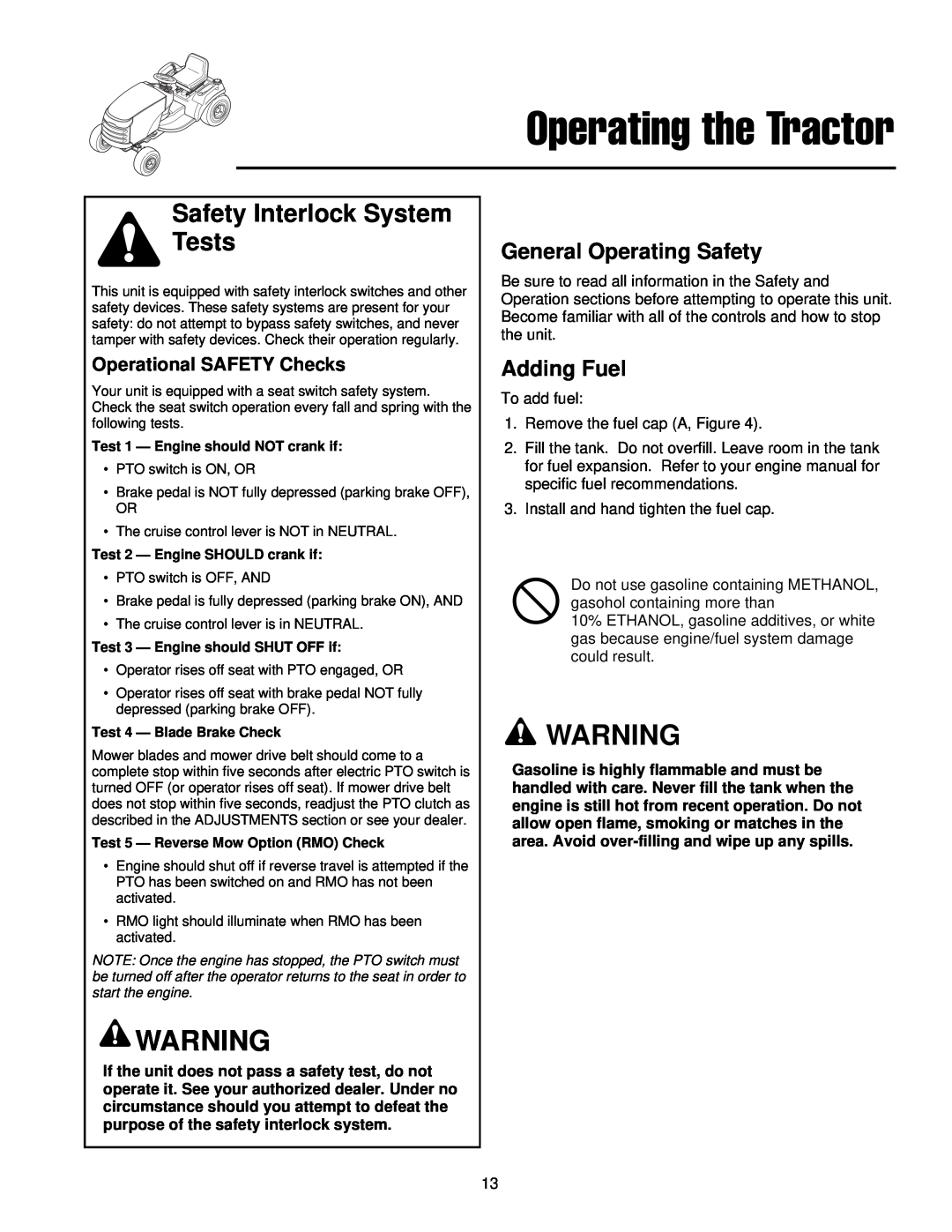 Simplicity 300 Series manual General Operating Safety, Adding Fuel, Operating the Tractor, Safety Interlock System Tests 