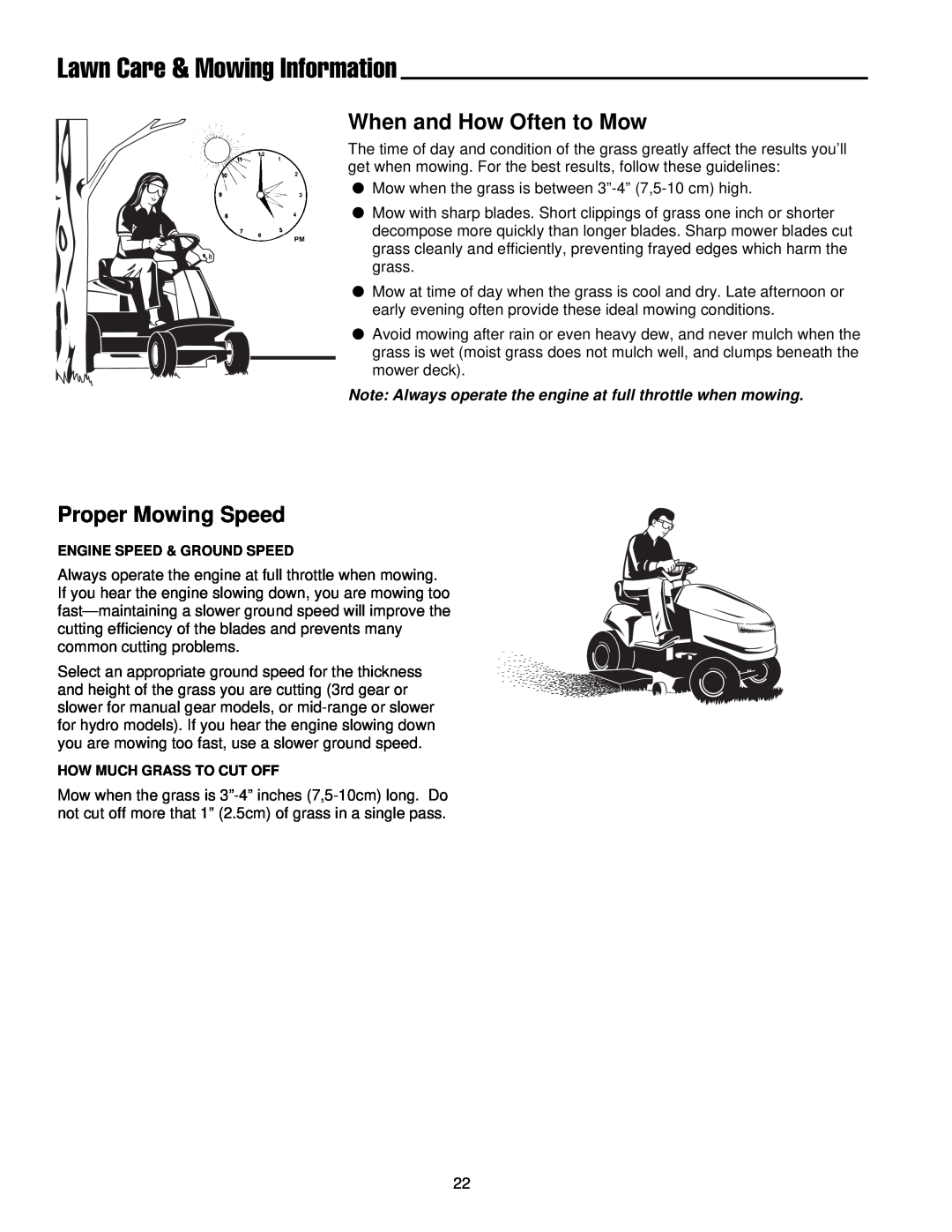 Simplicity 300 Series manual Lawn Care & Mowing Information, When and How Often to Mow, Proper Mowing Speed 