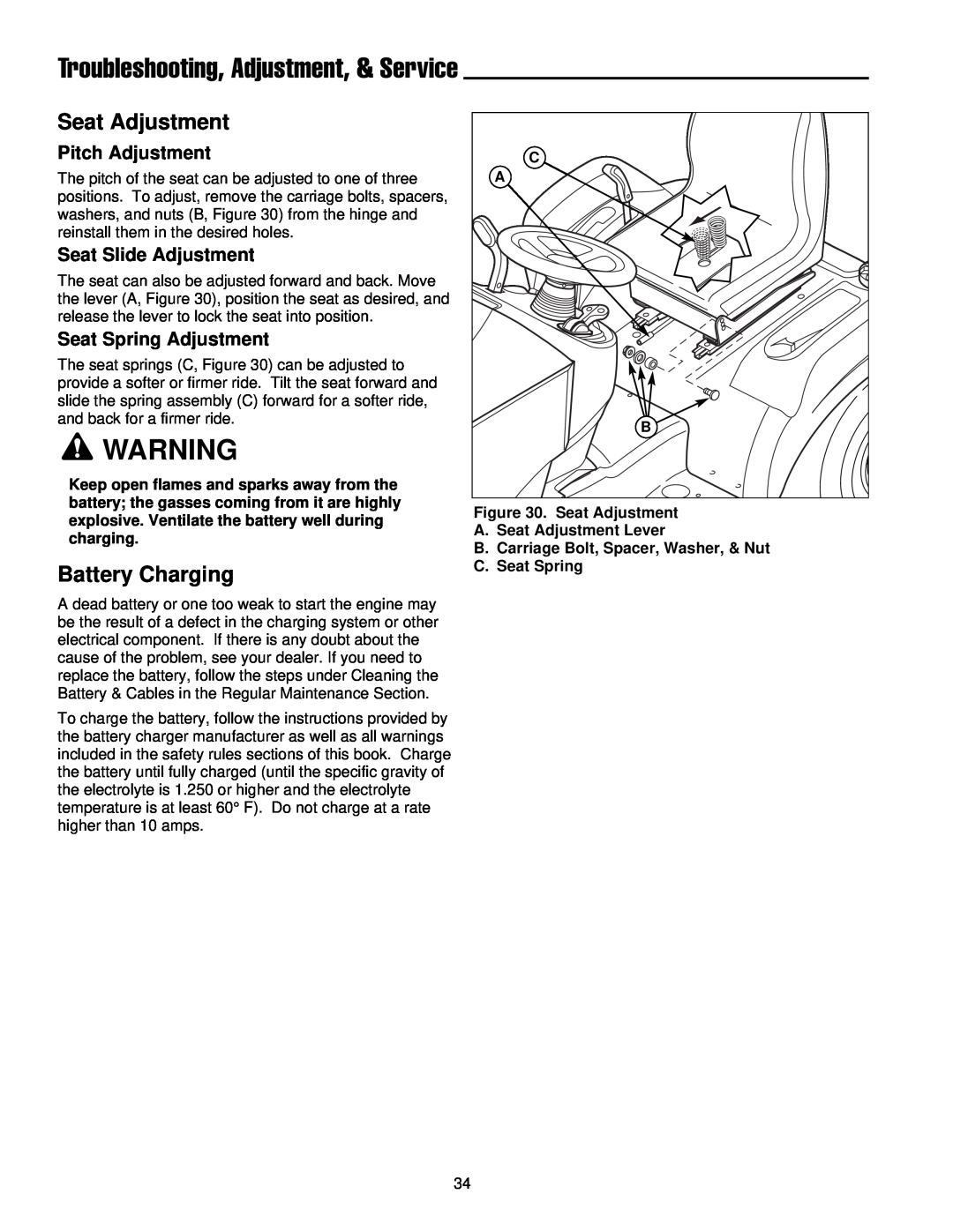Simplicity 300 Series manual Seat Adjustment, Battery Charging, Troubleshooting, Adjustment, & Service, Pitch Adjustment 
