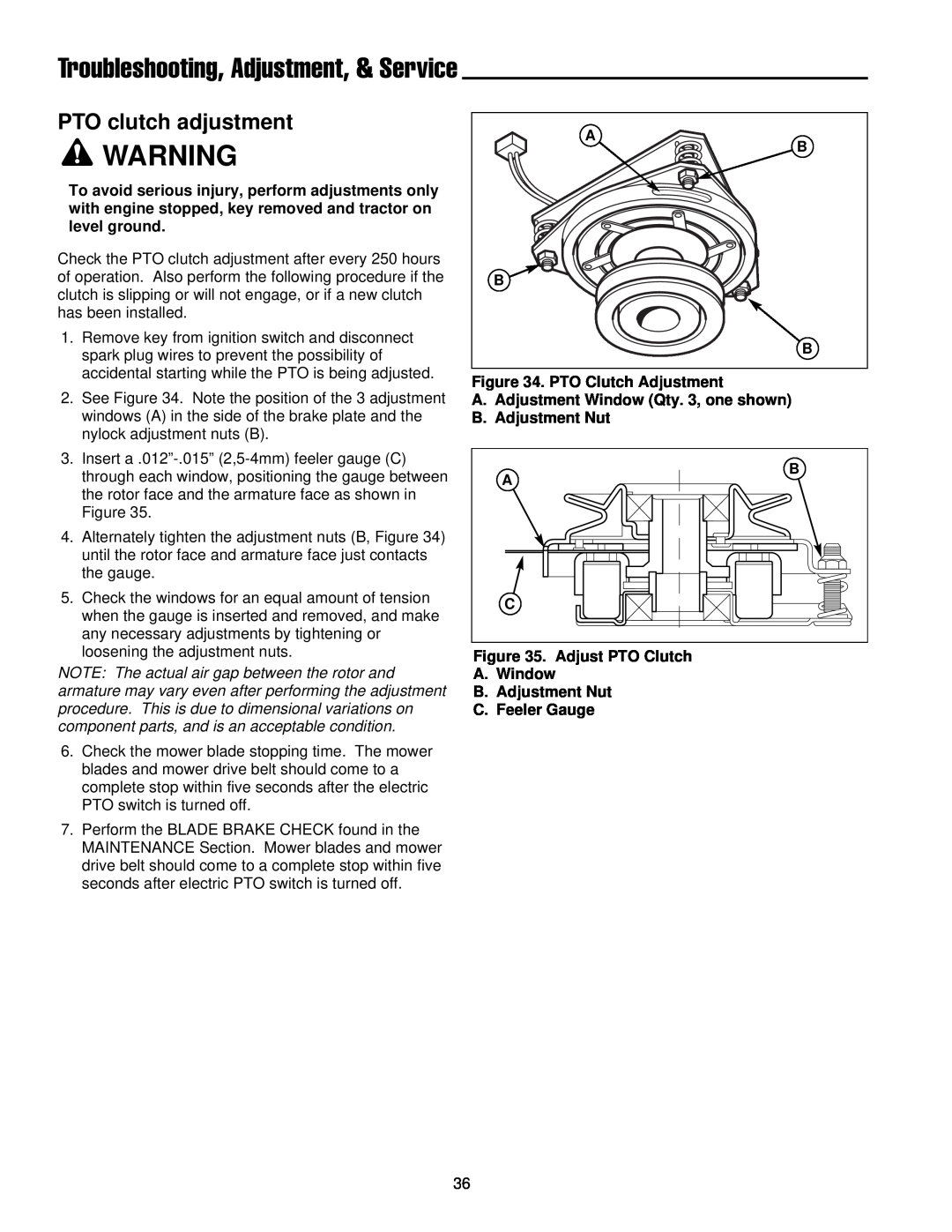 Simplicity 300 Series manual PTO clutch adjustment, Troubleshooting, Adjustment, & Service 