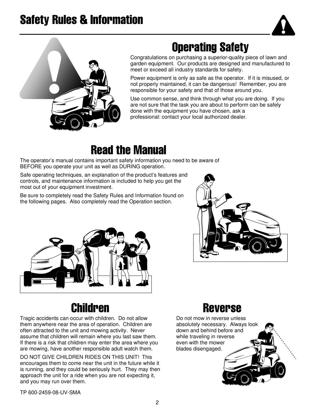 Simplicity 300 Series manual Safety Rules & Information Operating Safety, Read the Manual, ChildrenReverse 