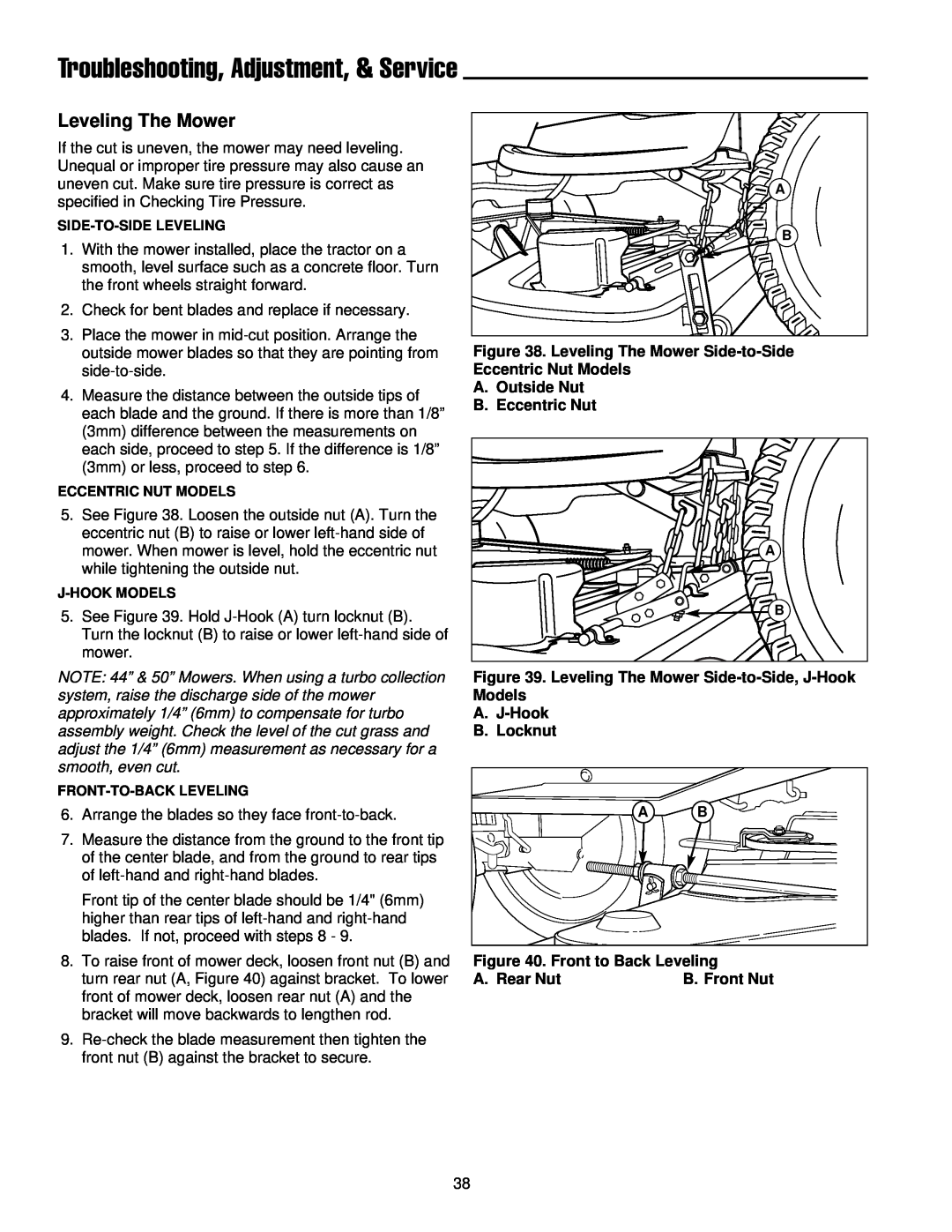 Simplicity 300 Series manual Troubleshooting, Adjustment, & Service, Leveling The Mower, A.Outside Nut B.Eccentric Nut 