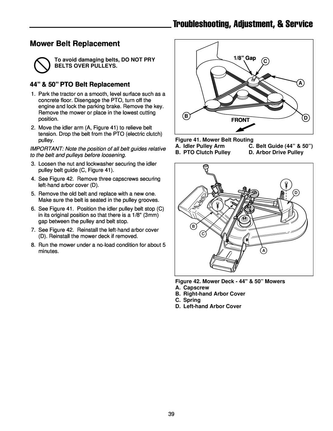 Simplicity 300 Series manual Mower Belt Replacement, Troubleshooting, Adjustment, & Service, 44” & 50” PTO Belt Replacement 
