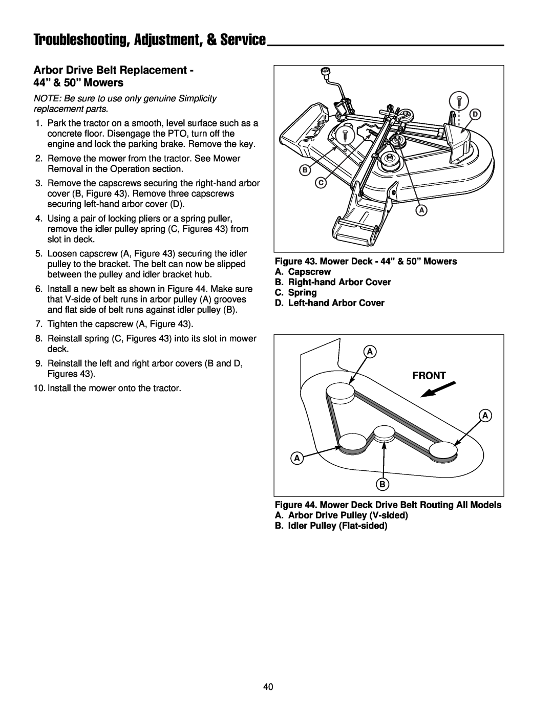 Simplicity 300 Series manual Troubleshooting, Adjustment, & Service, Arbor Drive Belt Replacement - 44” & 50” Mowers, Front 