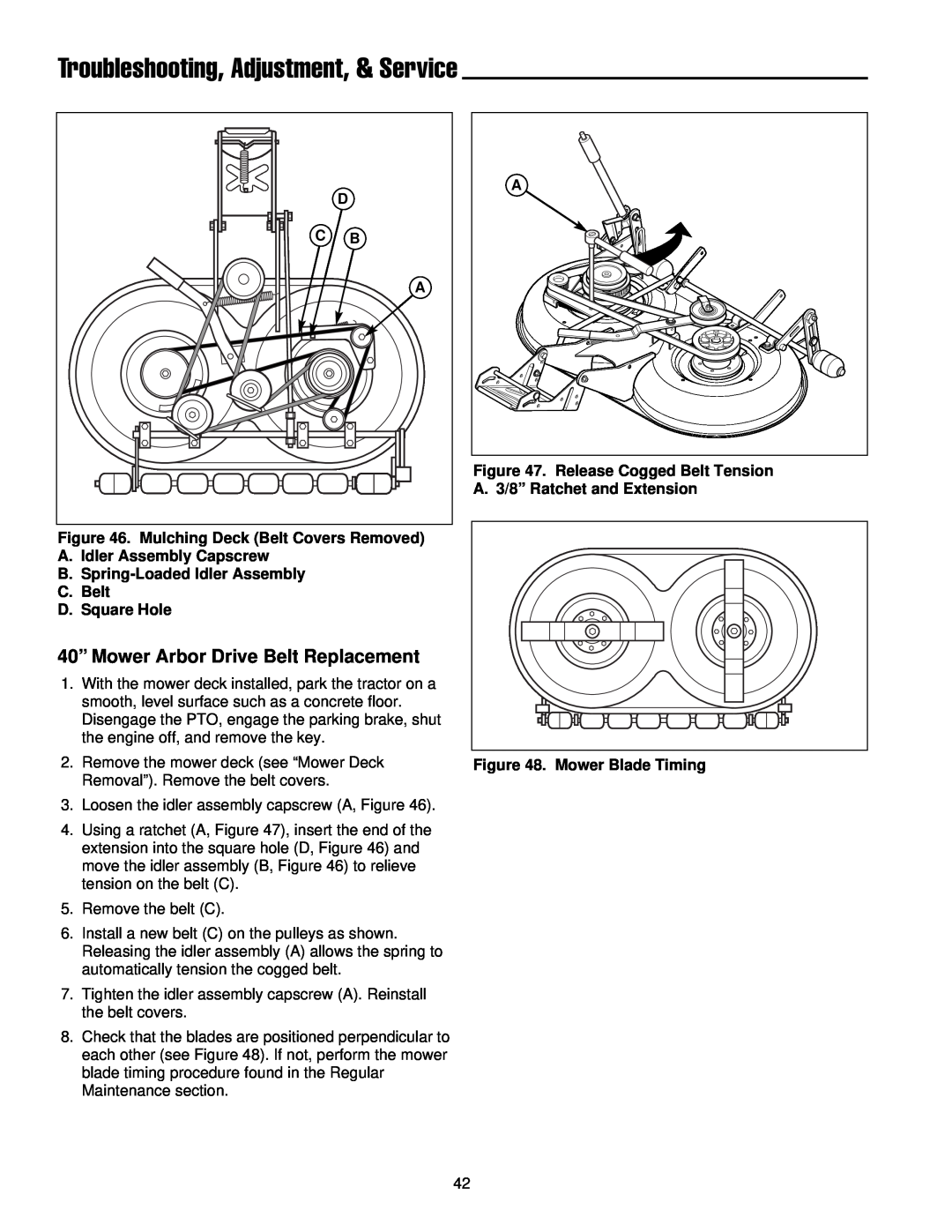 Simplicity 300 Series manual Troubleshooting, Adjustment, & Service, 40” Mower Arbor Drive Belt Replacement 