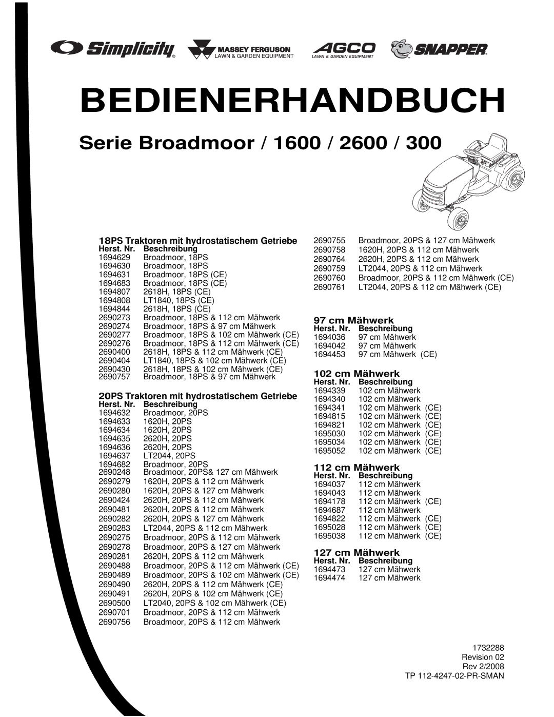 Simplicity 300 manual 18PS Traktoren mit hydrostatischem Getriebe, 20PS Traktoren mit hydrostatischem Getriebe, Cm Mähwerk 