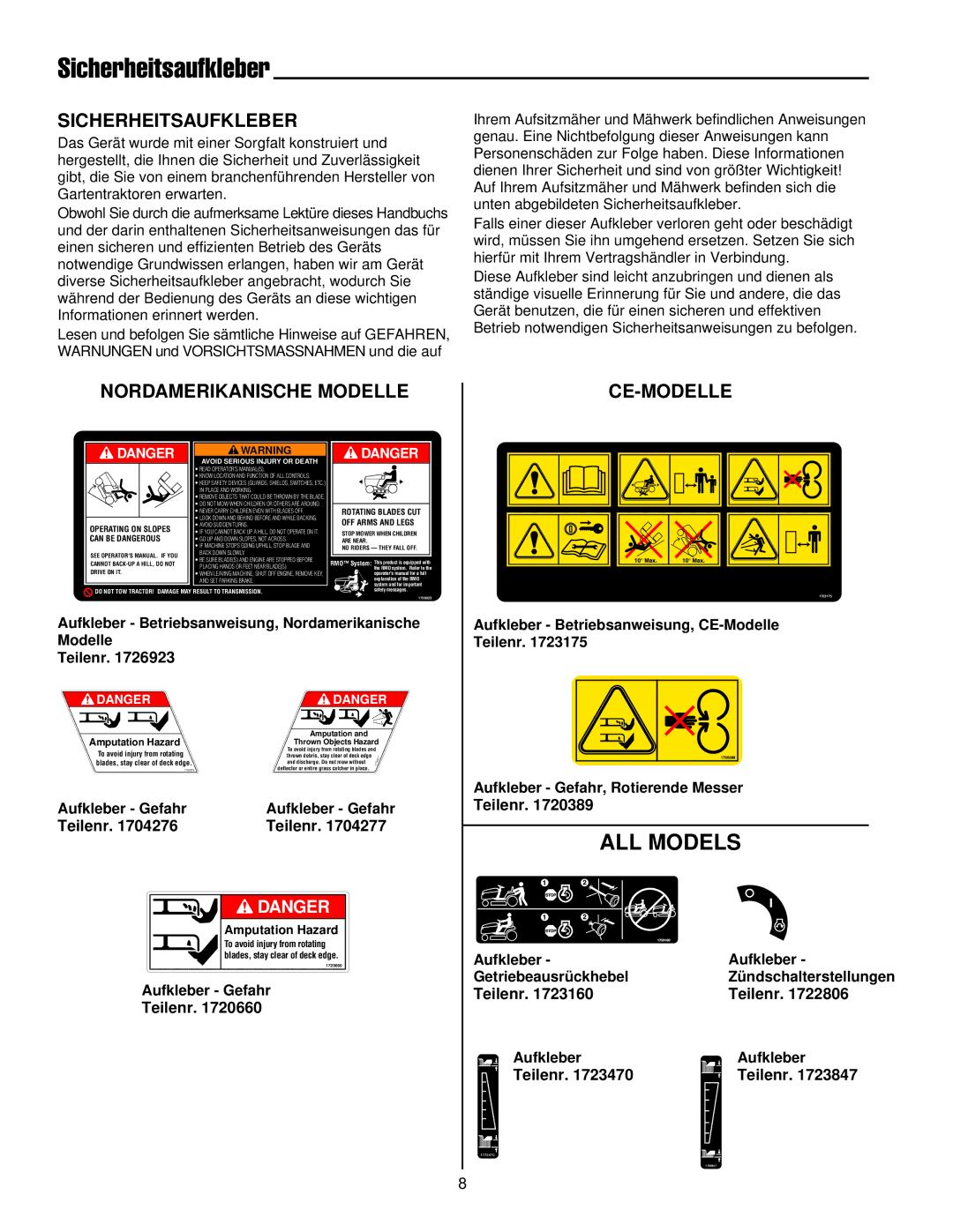 Simplicity 300 manual Sicherheitsaufkleber, Nordamerikanische Modelle 