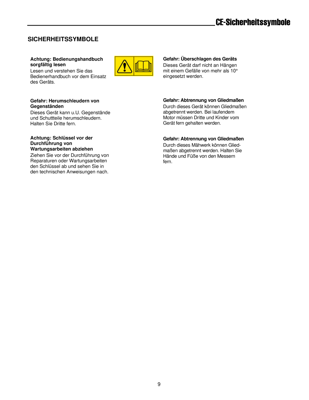 Simplicity 300 manual CE-Sicherheitssymbole, Gefahr Herumschleudern von Gegenständen, Gefahr Überschlagen des Geräts 