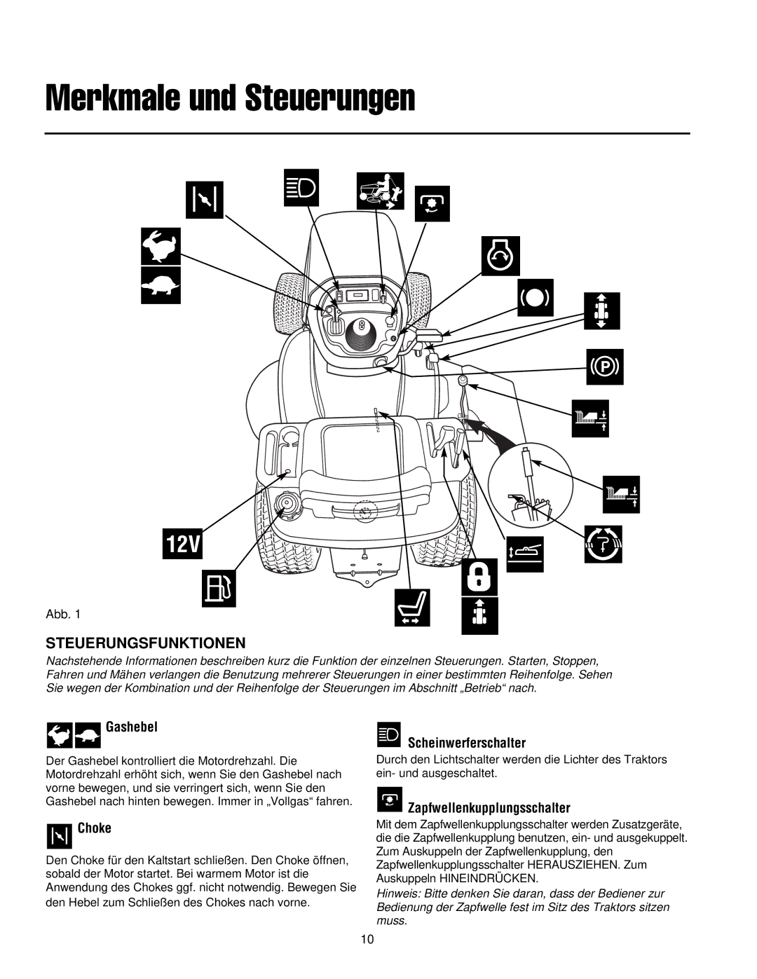 Simplicity 300 manual Steuerungsfunktionen, Gashebel, Choke, Scheinwerferschalter, Zapfwellenkupplungsschalter 