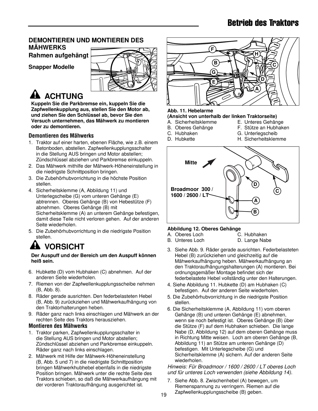 Simplicity 300 manual Mähwerks, Snapper Modelle, Sicherheitsklemme Unteres Gehänge Oberes Gehänge 