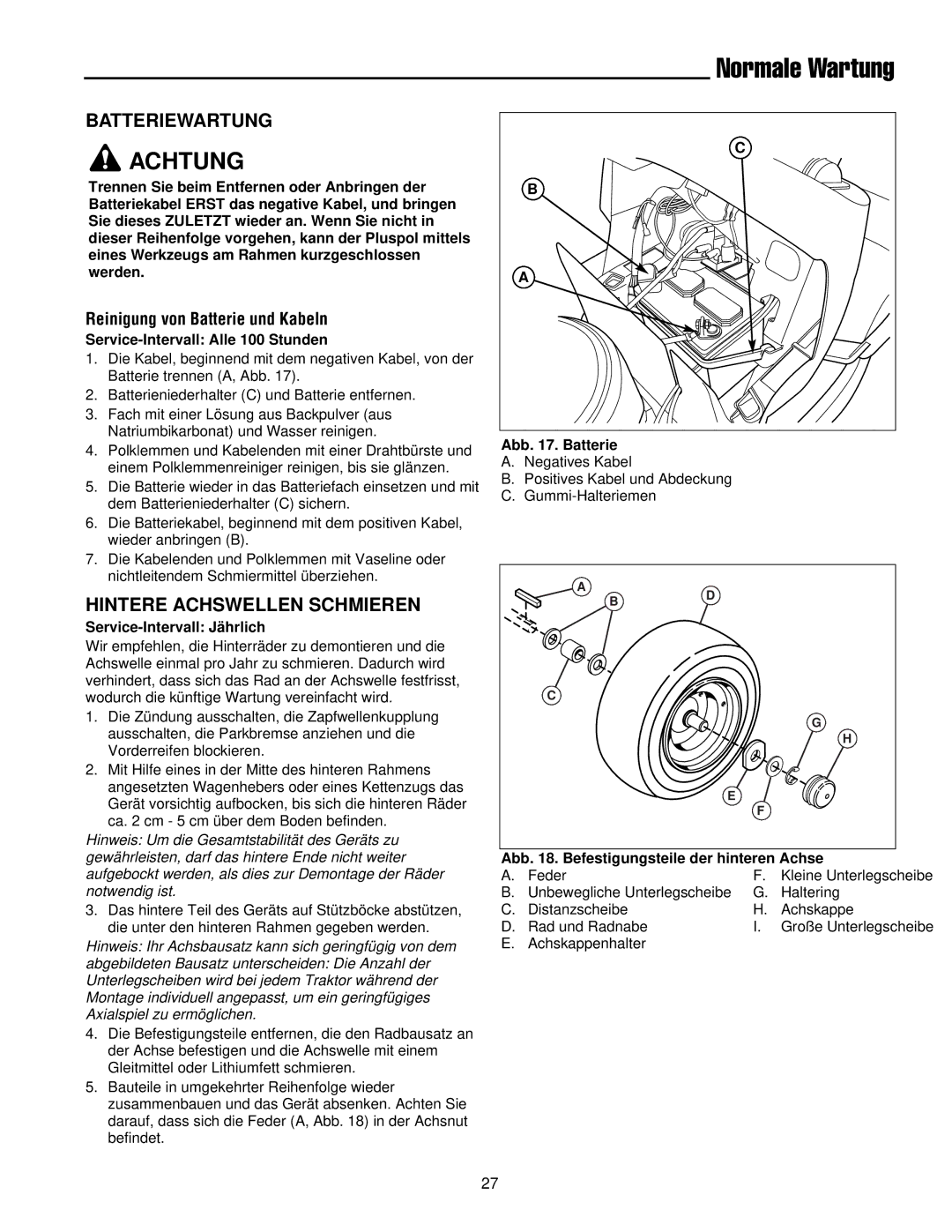 Simplicity 300 manual Batteriewartung, Hintere Achswellen Schmieren, Reinigung von Batterie und Kabeln 