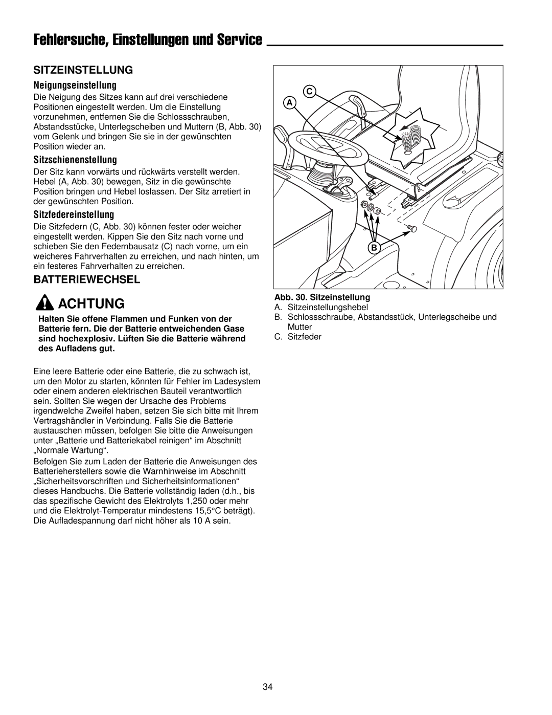 Simplicity 300 manual Fehlersuche, Einstellungen und Service, Sitzeinstellung, Batteriewechsel 