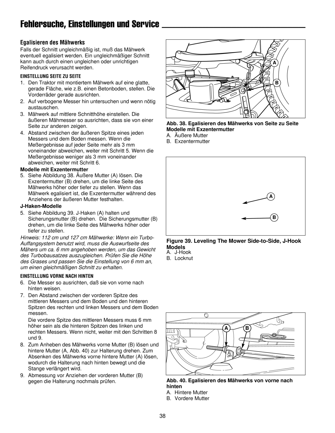 Simplicity 300 manual Egalisieren des Mähwerks, Modelle mit Exzentermutter, Haken-Modelle 