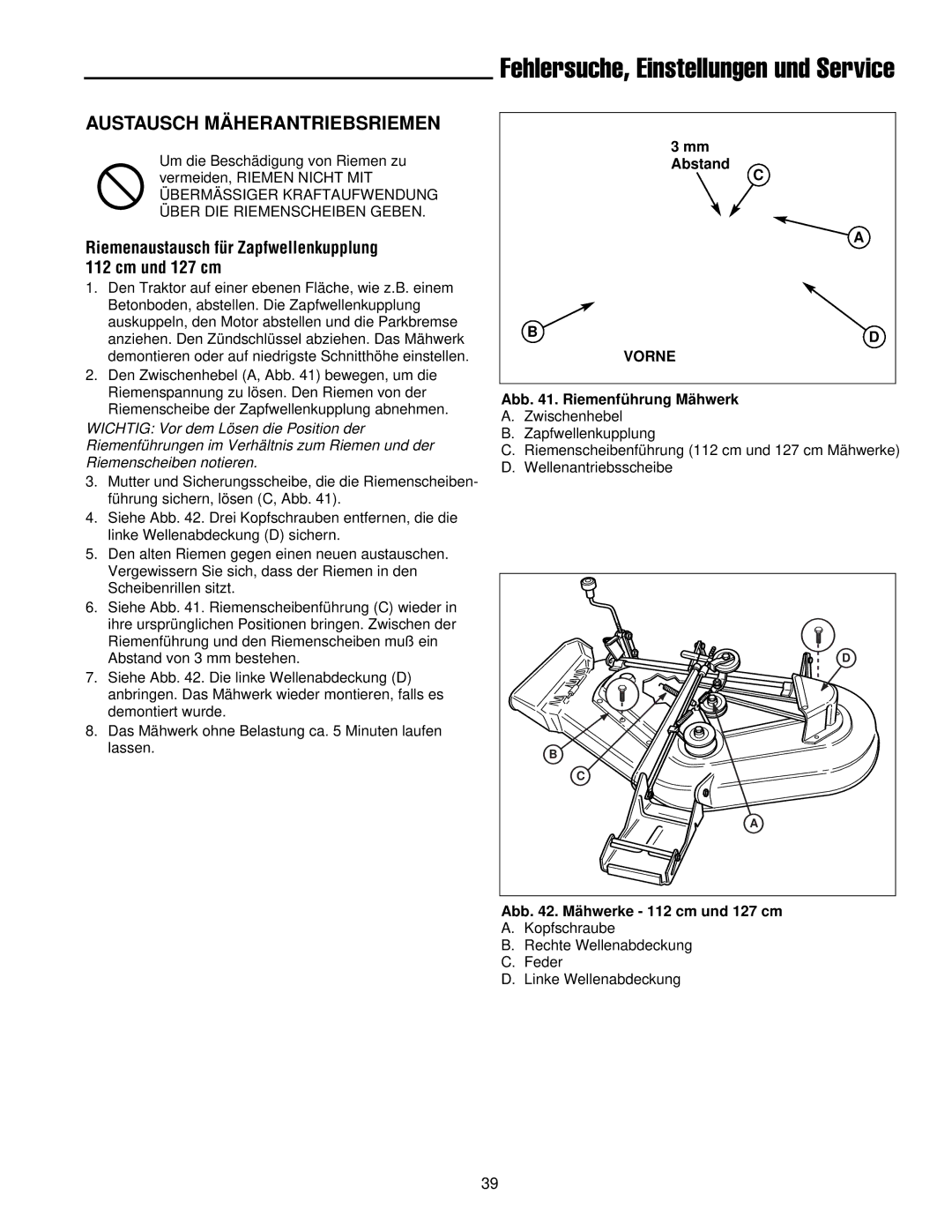 Simplicity 300 manual Austausch Mäherantriebsriemen, Riemenaustausch für Zapfwellenkupplung 112 cm und 127 cm, Abstand 