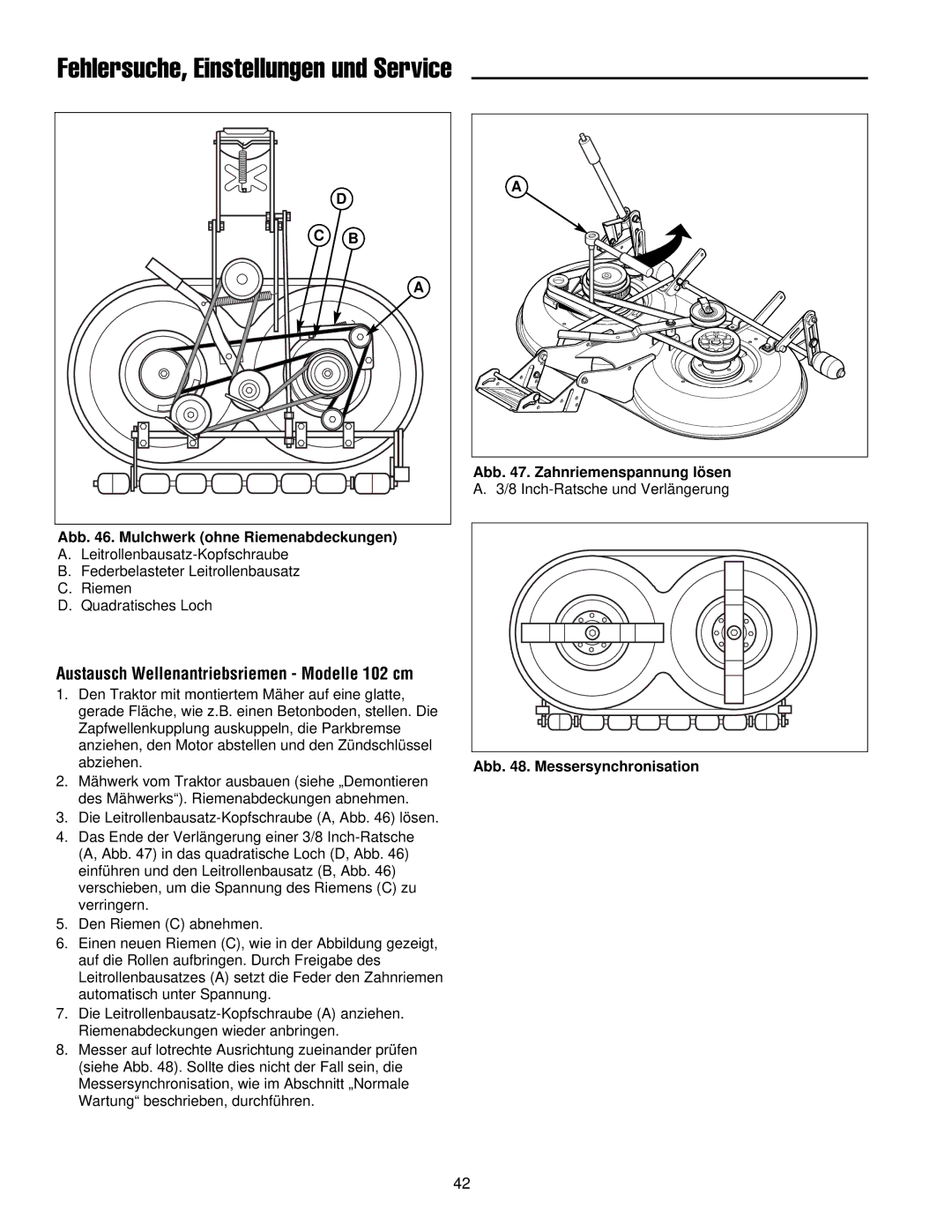 Simplicity 300 manual Austausch Wellenantriebsriemen Modelle 102 cm, Abb . Zahnriemenspannung lösen 