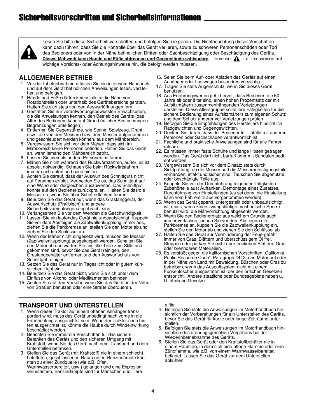 Simplicity 300 manual Sicherheitsvorschriften und Sicherheitsinformationen, Allgemeiner Betrieb, Transport UND Unterstellen 