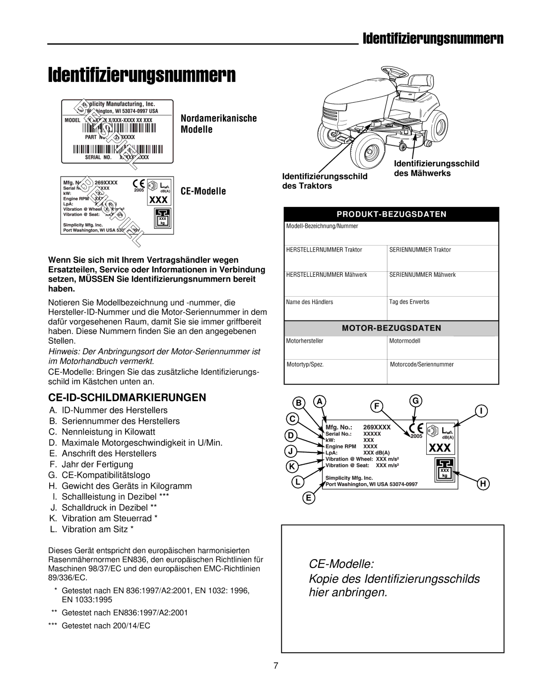 Simplicity 300 manual Ce-Id-Schildmarkierungen, CE-Modelle 