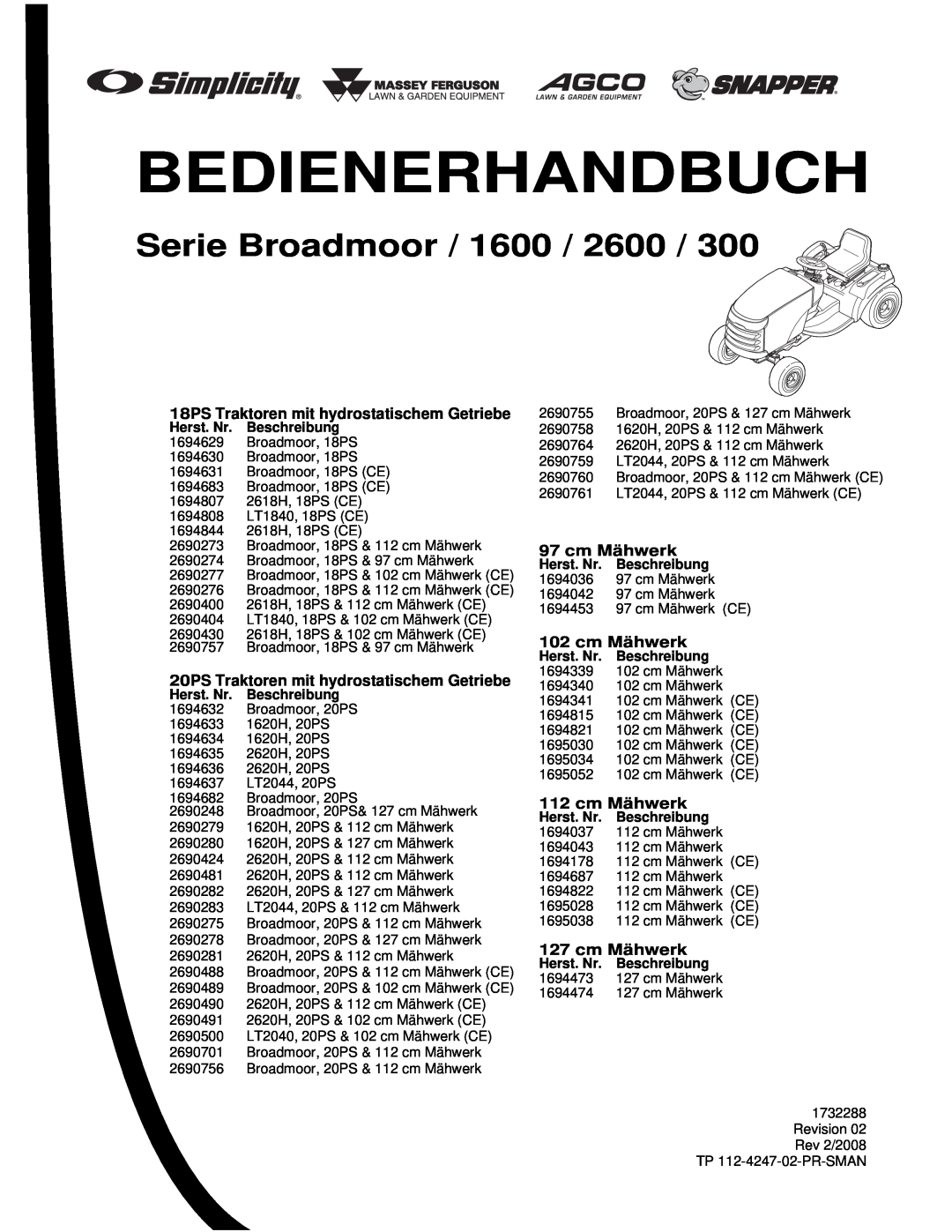 Simplicity 300 manual Bedienerhandbuch, Serie Broadmoor / 1600 / 2600, 18PS Traktoren mit hydrostatischem Getriebe 