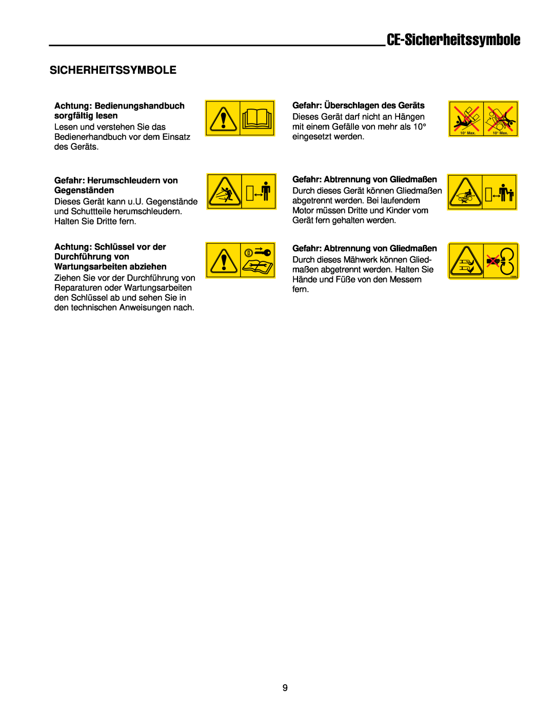 Simplicity 300 manual CE-Sicherheitssymbole, Gefahr Herumschleudern von Gegenständen, Gefahr Überschlagen des Geräts 