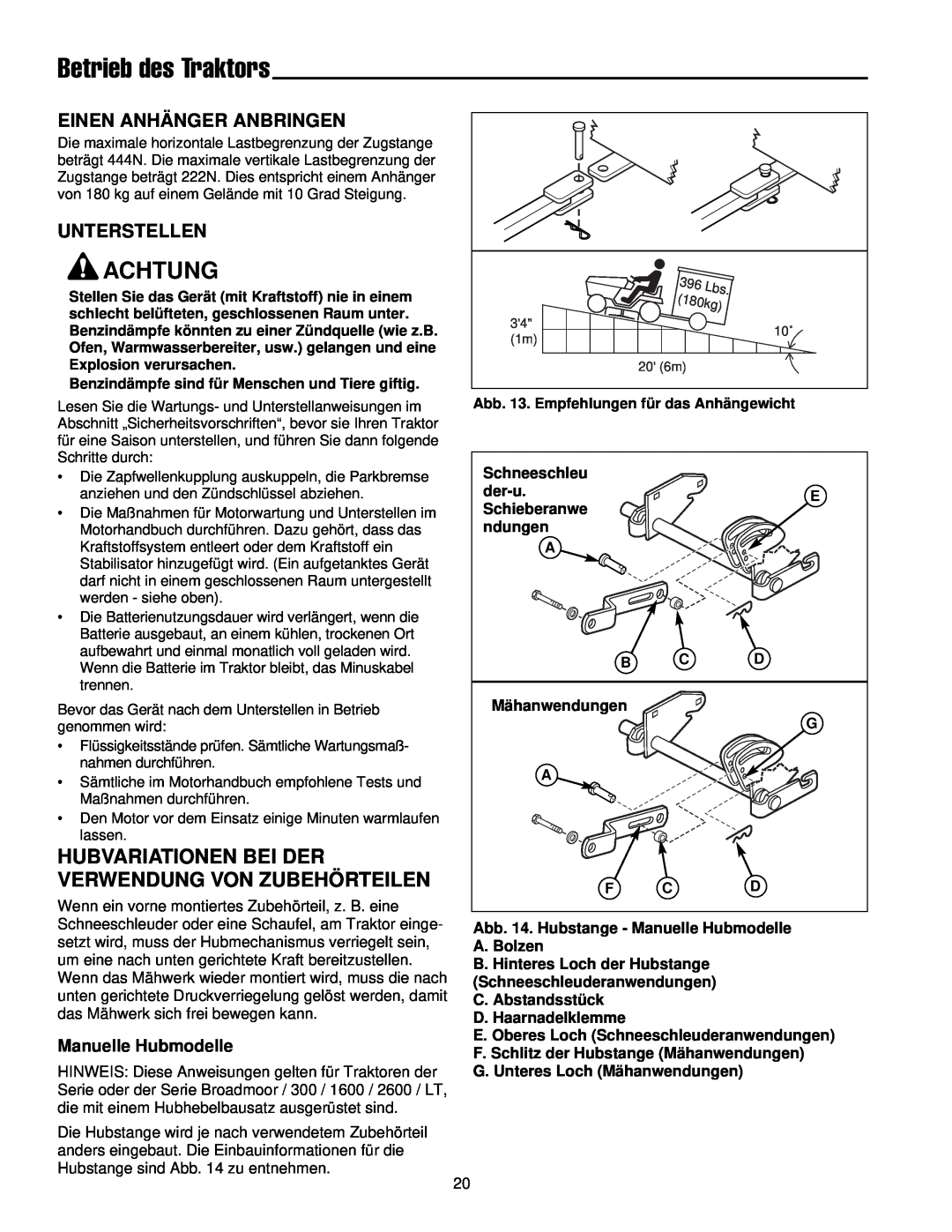 Simplicity 300 manual Hubvariationen Bei Der Verwendung Von Zubehörteilen, Einen Anhänger Anbringen, Unterstellen, Achtung 