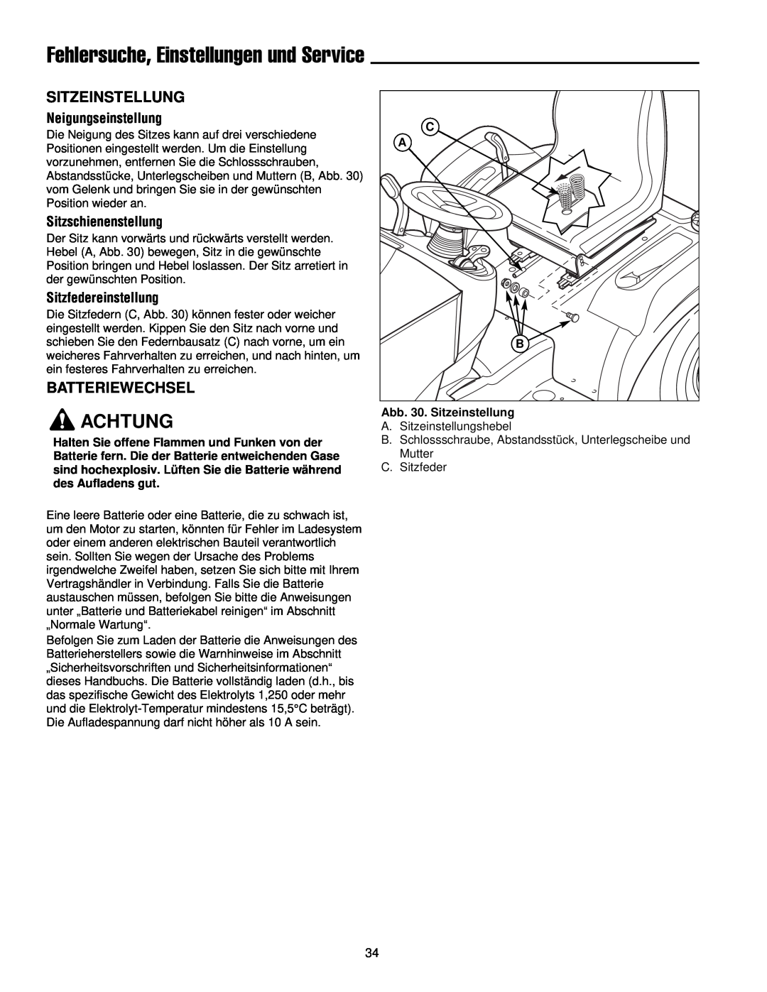 Simplicity 300 manual Fehlersuche, Einstellungen und Service, Batteriewechsel, Achtung, Abb. 30. Sitzeinstellung 